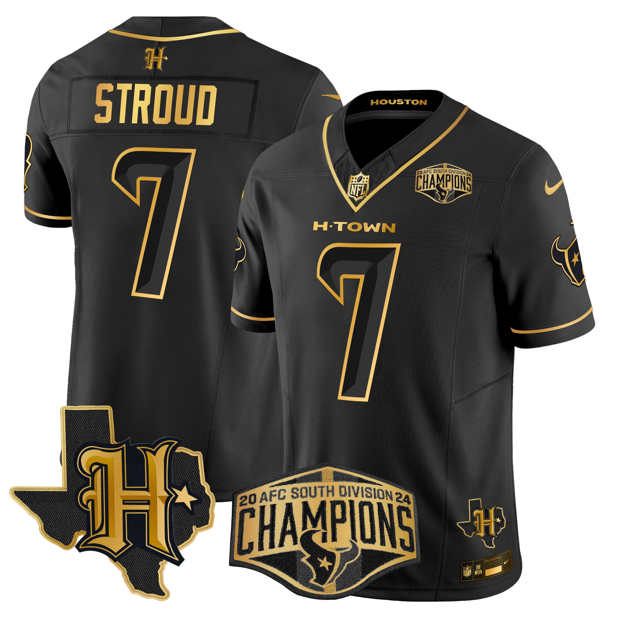 C.J. Stroud Men's Houston Texans 2024 AFC South Division Champions Patch Gold Vapor Limited Black Gold Jersey - All Stitched