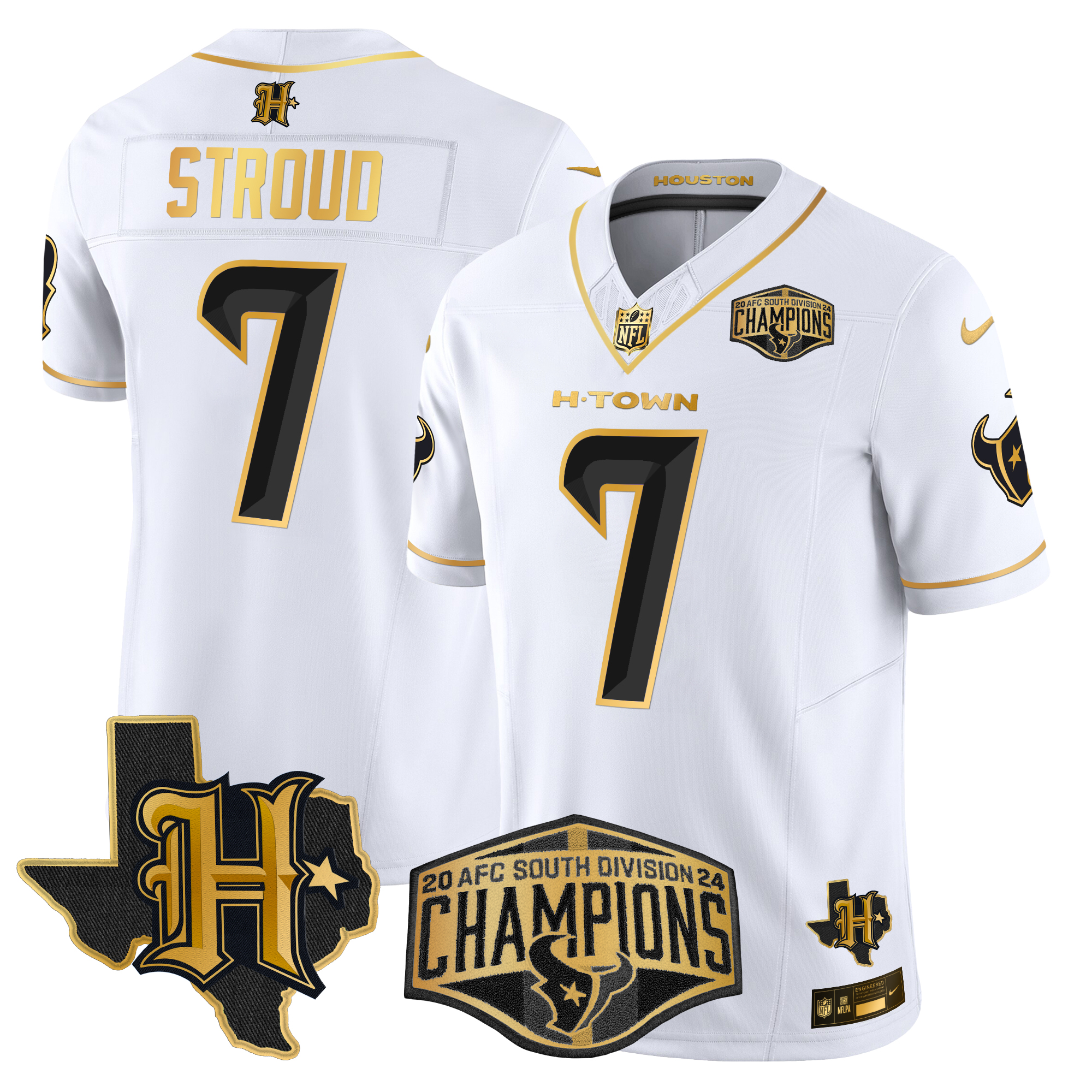 C.J. Stroud Men's Houston Texans 2024 AFC South Division Champions Patch Gold Vapor Limited White Gold Jersey - All Stitched