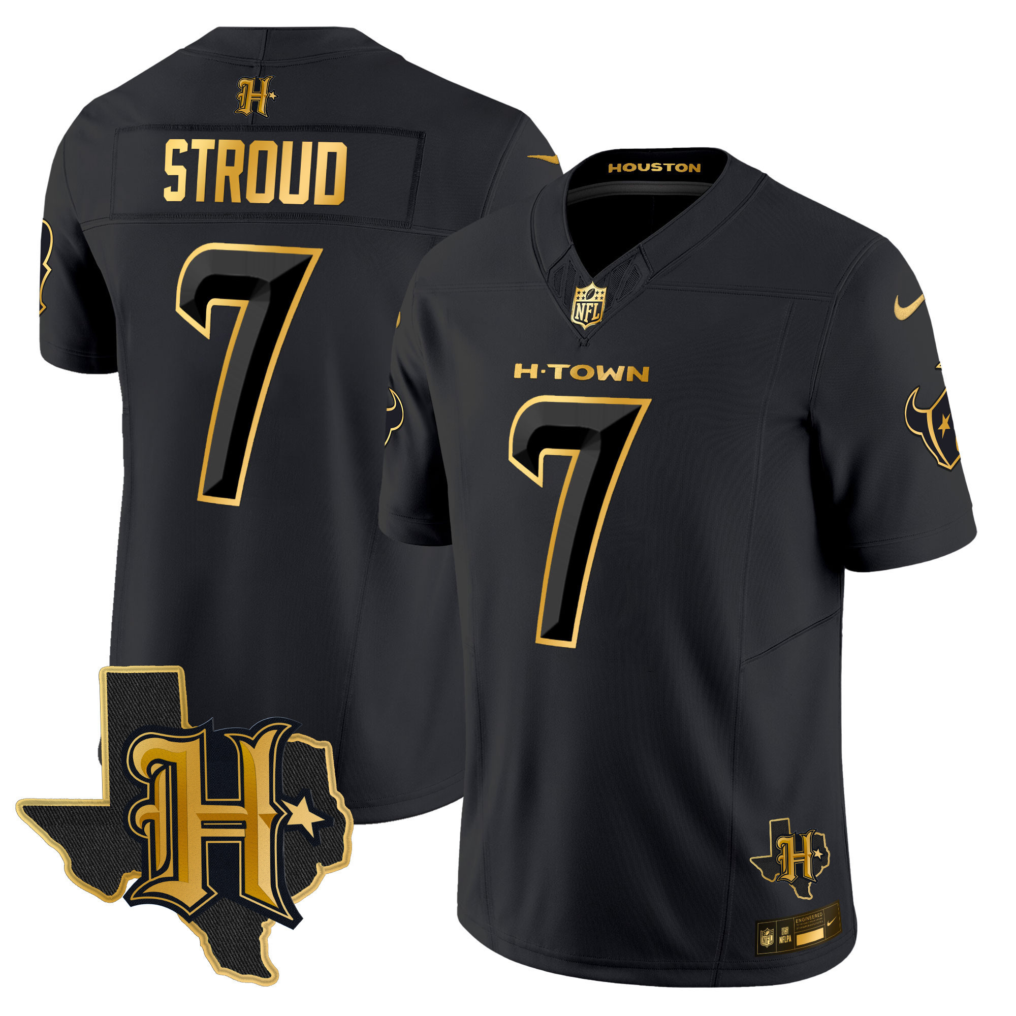 C.J. Stroud Men's Houston Texans 2024 Texas Patch Gold Vapor Limited Black Gold Jersey - All Stitched