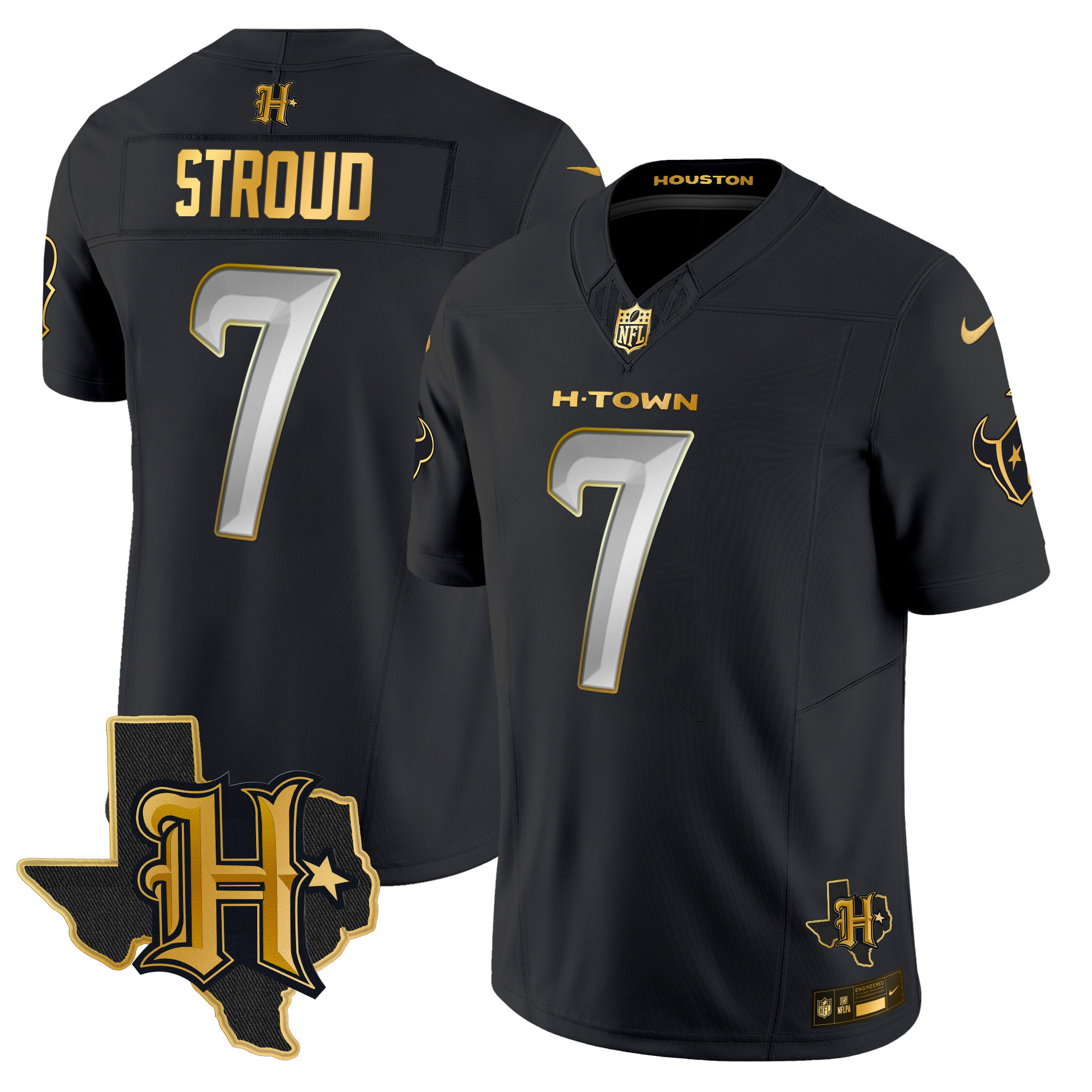 C.J. Stroud Men's Houston Texans 2024 Texas Patch Gold Vapor Limited Black Limited Jersey - All Stitched