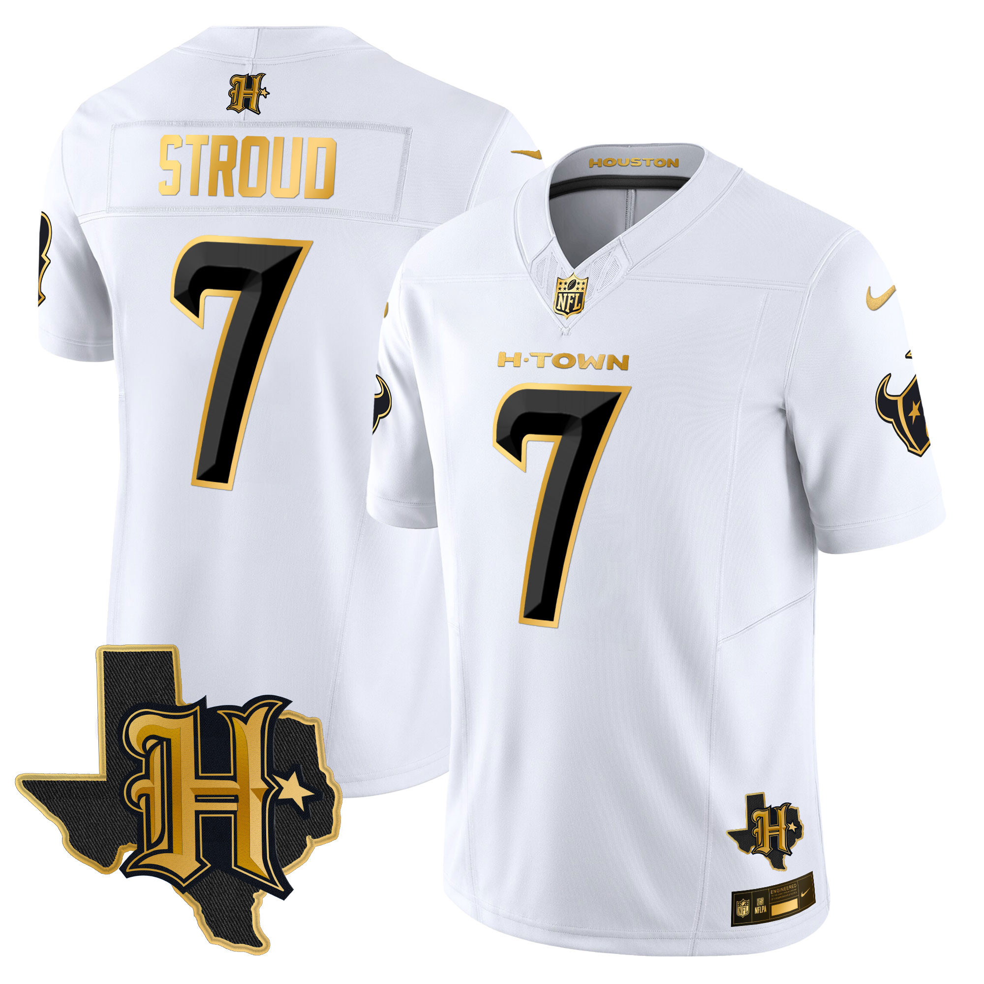 C.J. Stroud Men's Houston Texans 2024 Texas Patch Gold Vapor Limited White Gold Jersey - All Stitched