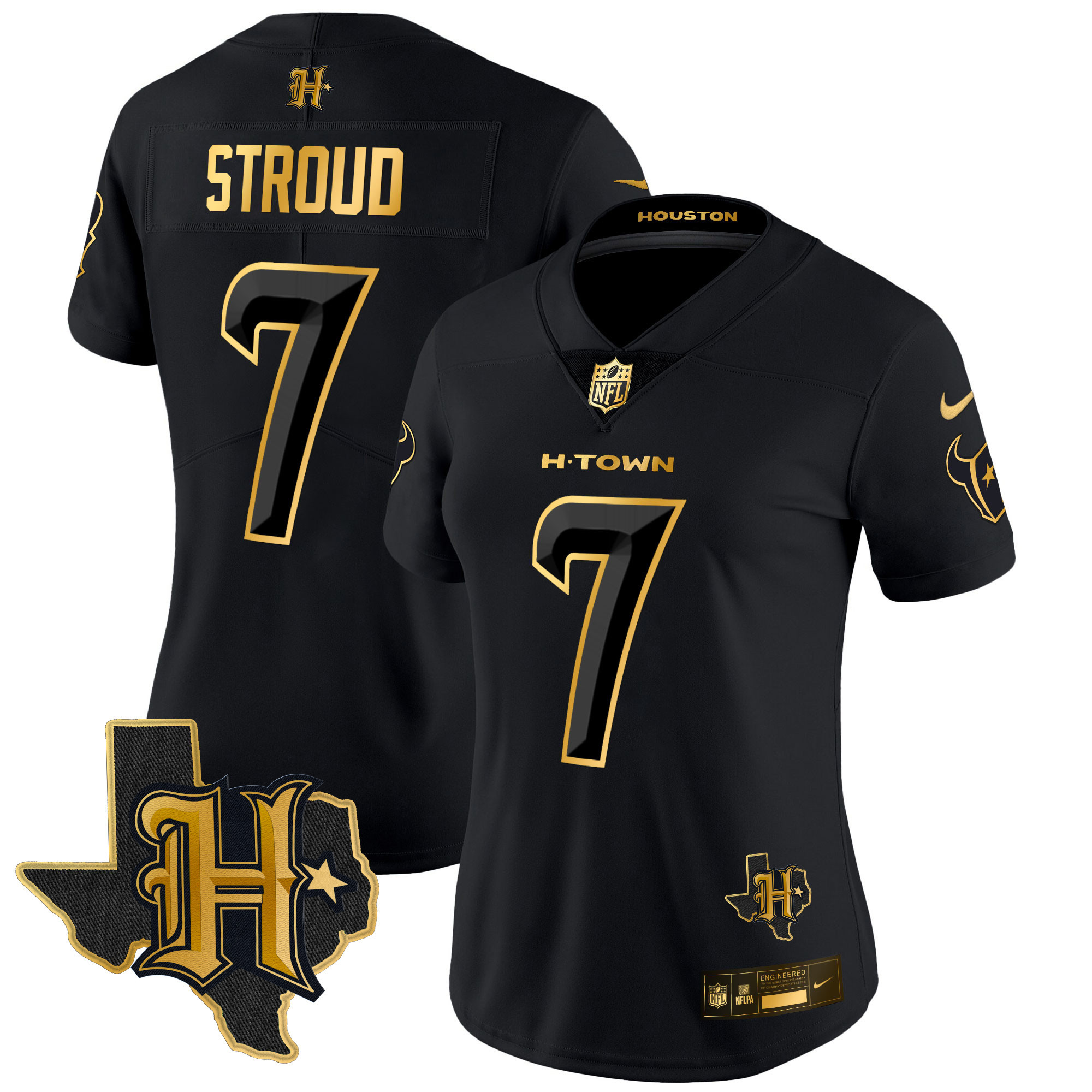 C.J. Stroud Women's Houston Texans 2024 Texas Patch Gold Vapor Limited Black Gold Jersey - All Stitched