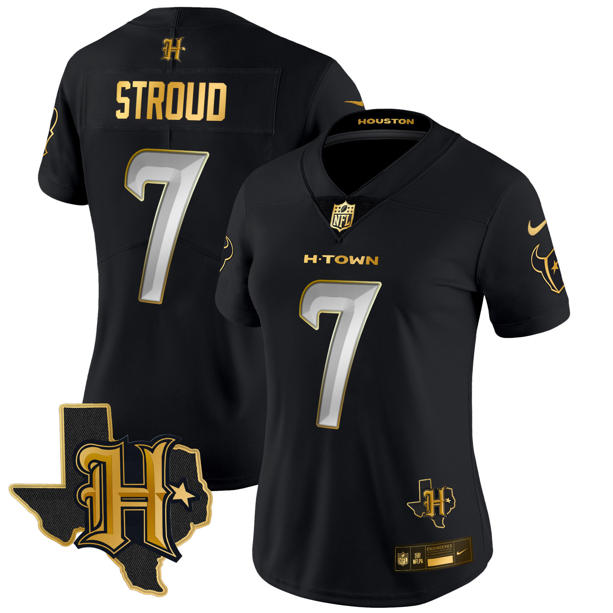 C.J. Stroud Women's Houston Texans 2024 Texas Patch Gold Vapor Limited Black Limited Jersey - All Stitched