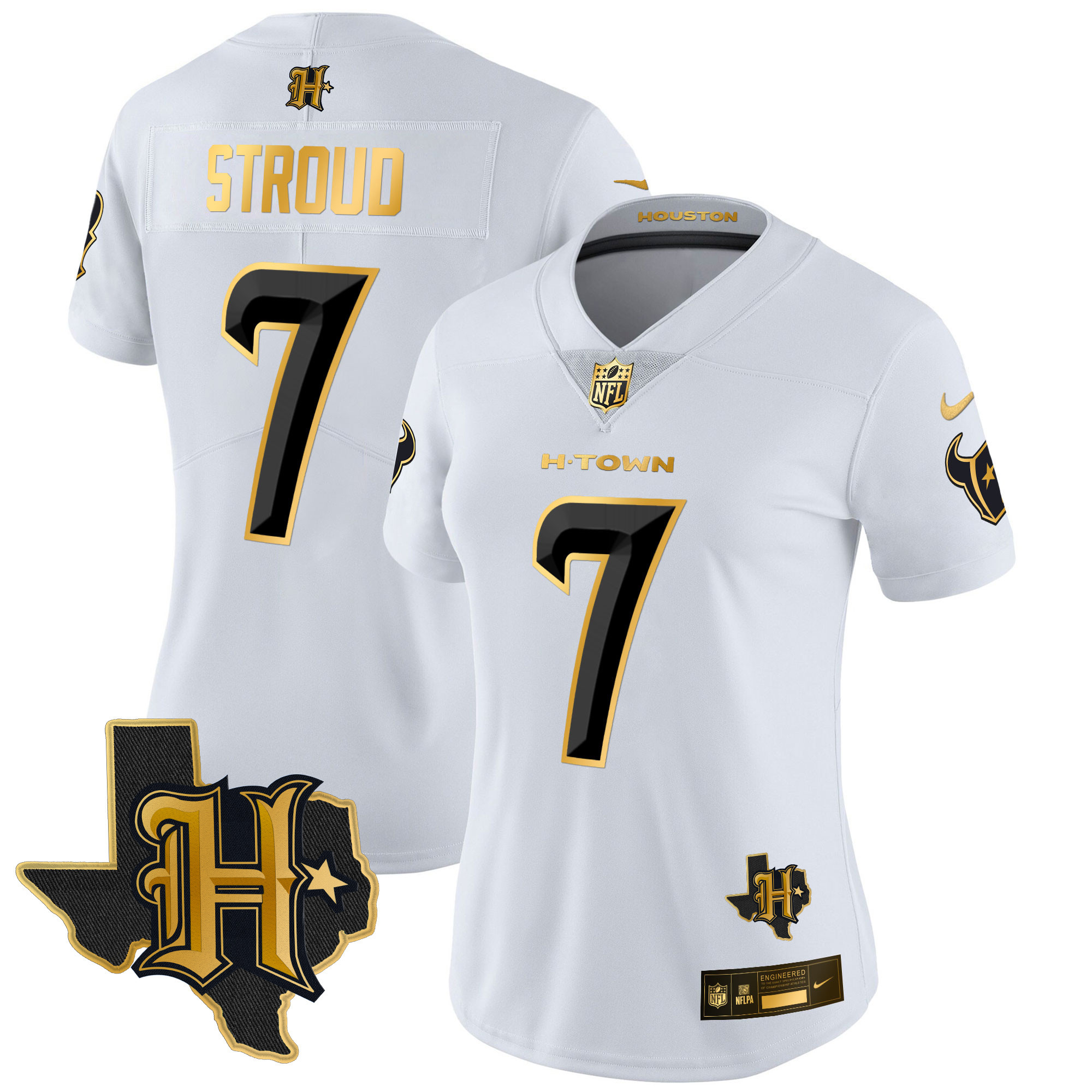 C.J. Stroud Women's Houston Texans 2024 Texas Patch Gold Vapor Limited White Gold Jersey - All Stitched