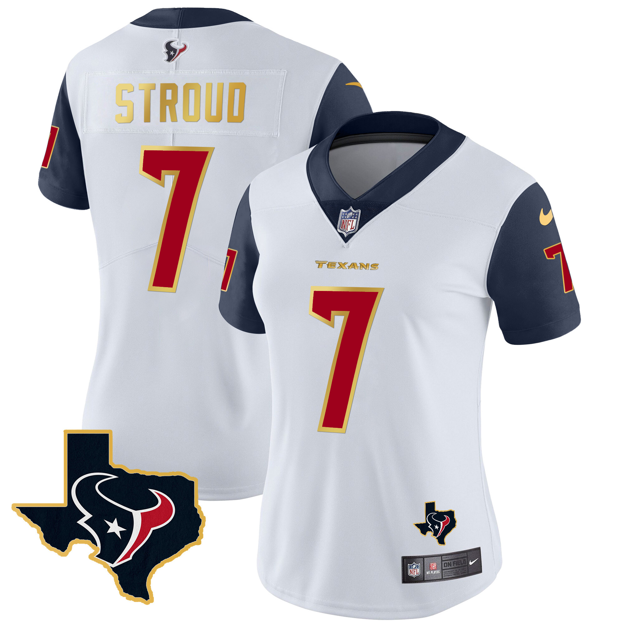 C.J. Stroud Women's Houston Texans Gold Trim Vapor Navy Sleeves Jersey - All Stitched