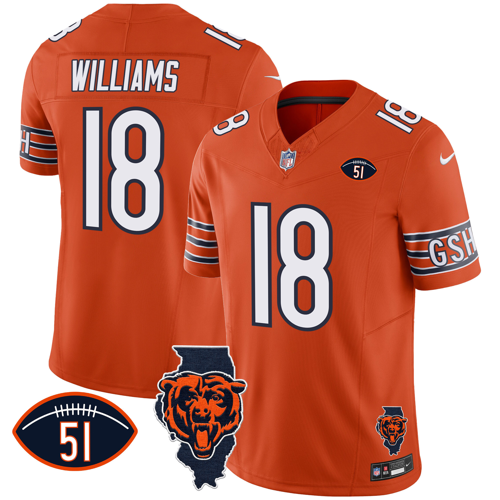 Caleb Williams Men's Chicago Bears Illinois Patch Vapor Orange Jersey - All Stitched