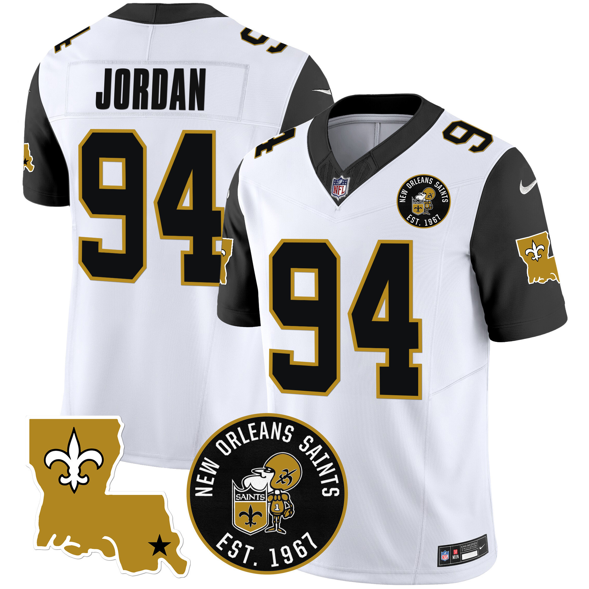 Cameron Jordan Men's New Orleans Saints EST. 1967 Patch Vapor Black Sleeves Jersey - All Stitched