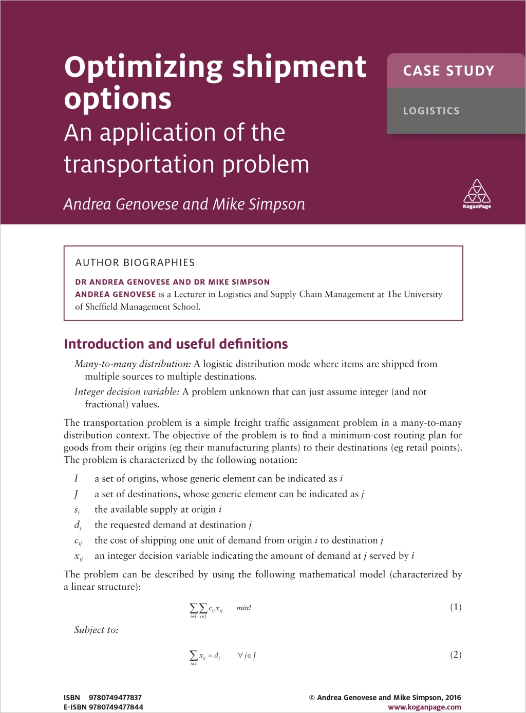 Case Study: Optimizing Shipment Options An Application of the Transport Problem 1st Edition - (PDF/EPUB Version)