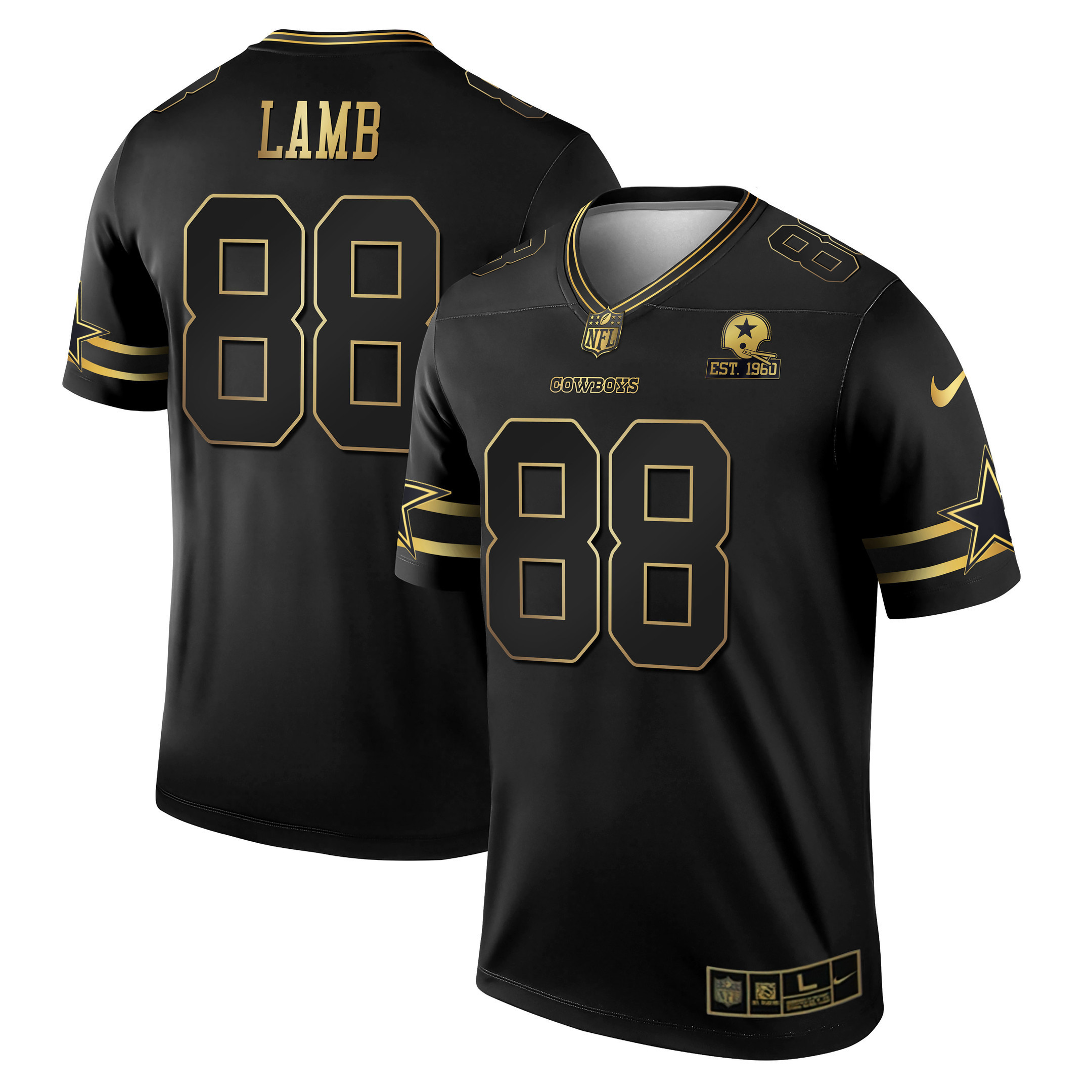 CeeDee Lamb Men's Dallas Cowboys Black & White Gold Game Team Est 1960 Patch - All Stitched Black Gold Jersey - All Stitched