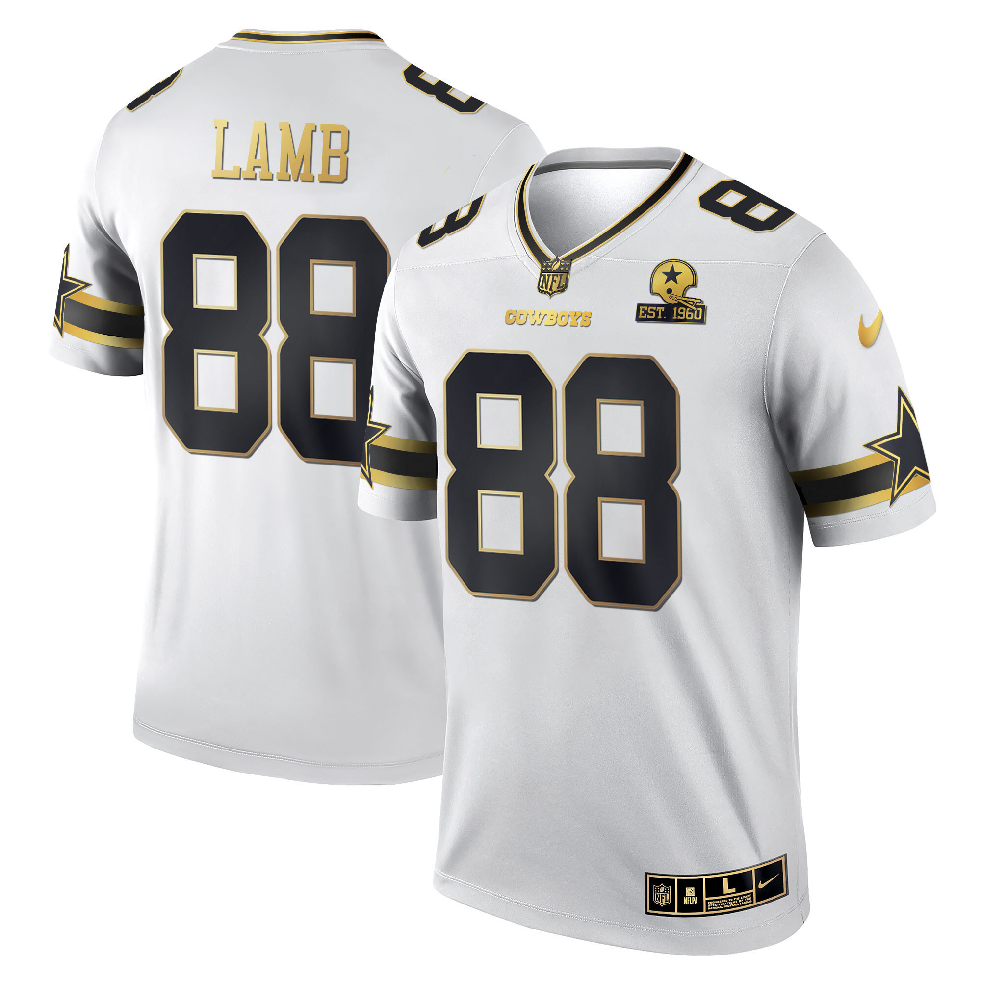 CeeDee Lamb Men's Dallas Cowboys Black & White Gold Game Team Est 1960 Patch - All Stitched White Gold Jersey - All Stitched