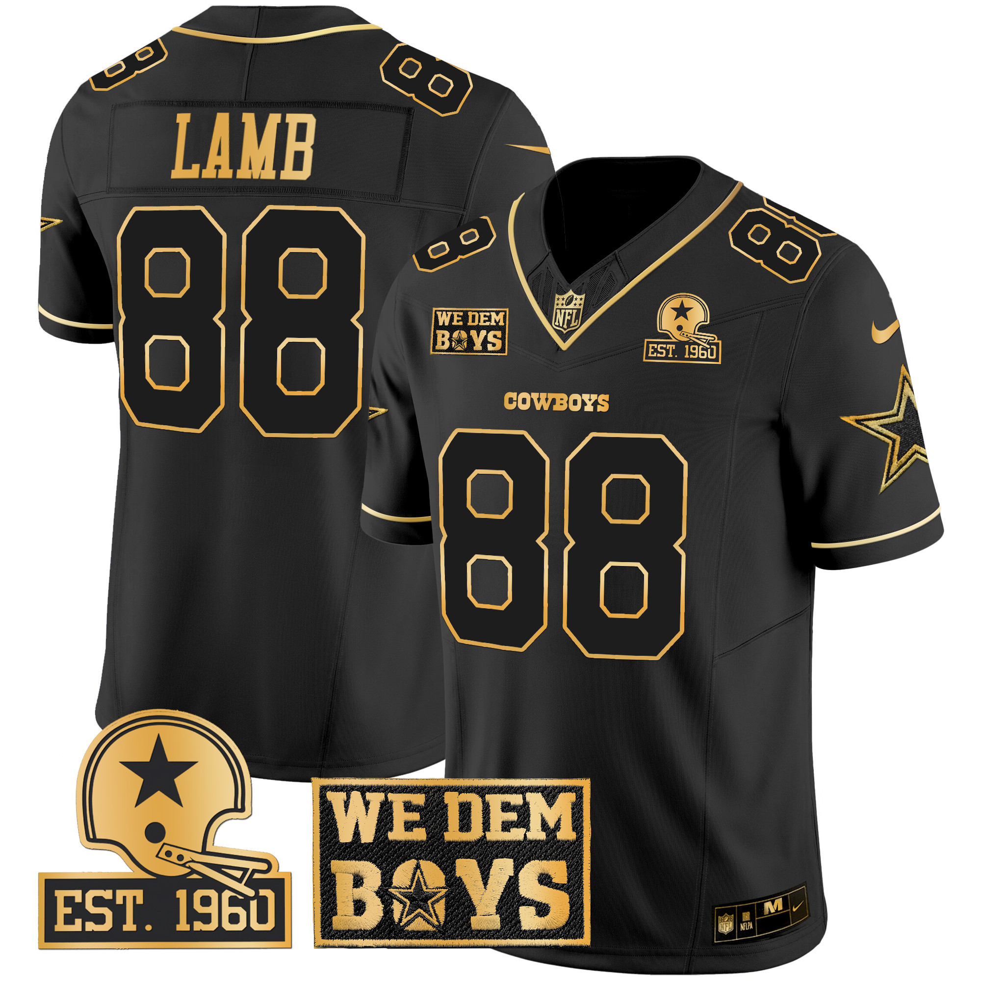 CeeDee Lamb Men's Dallas Cowboys Est. 1960 & We Dem Boyz Patch Gold Vapor Limited Black Gold Jersey - All Stitched