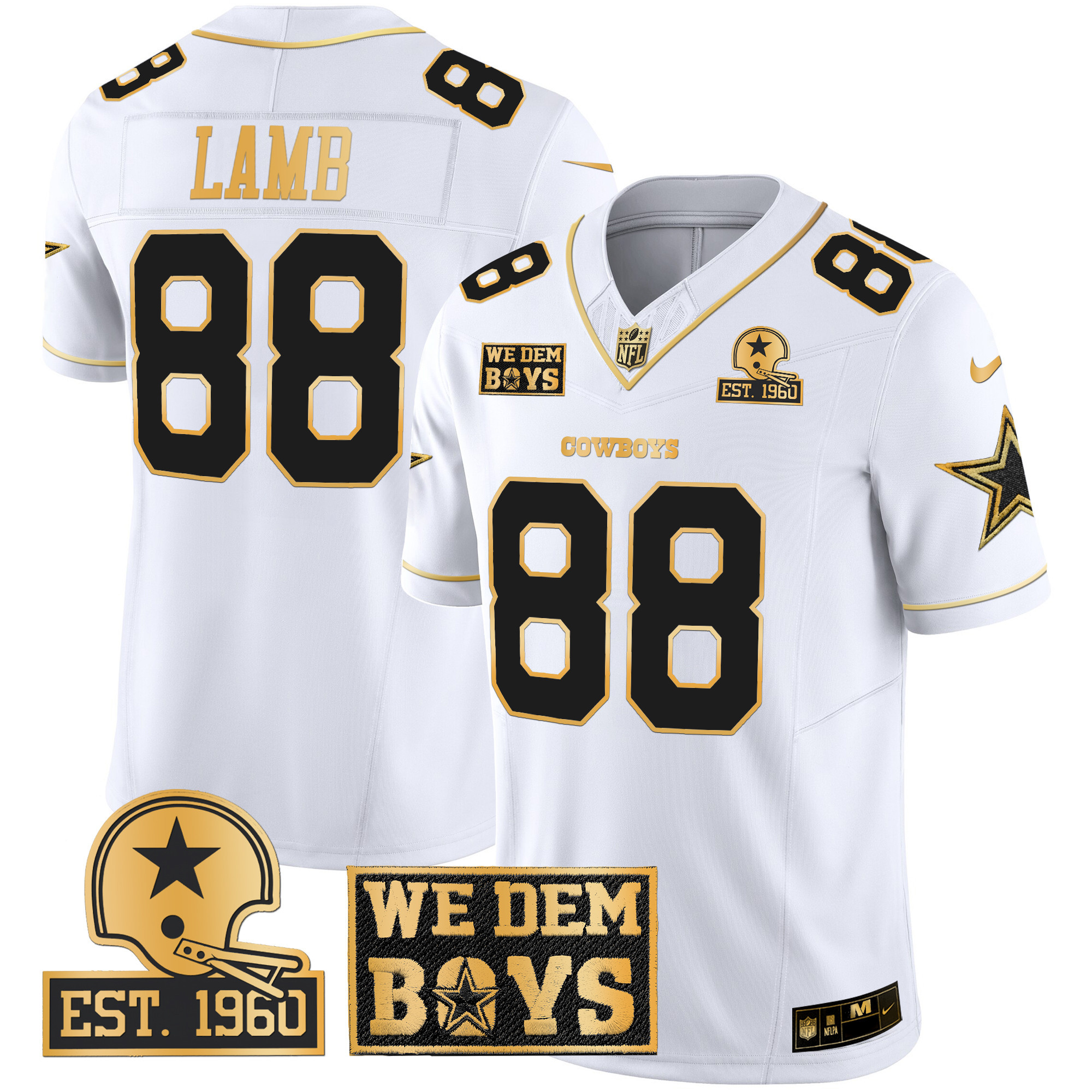 CeeDee Lamb Men's Dallas Cowboys Est. 1960 & We Dem Boyz Patch Gold Vapor Limited White Gold Jersey - All Stitched