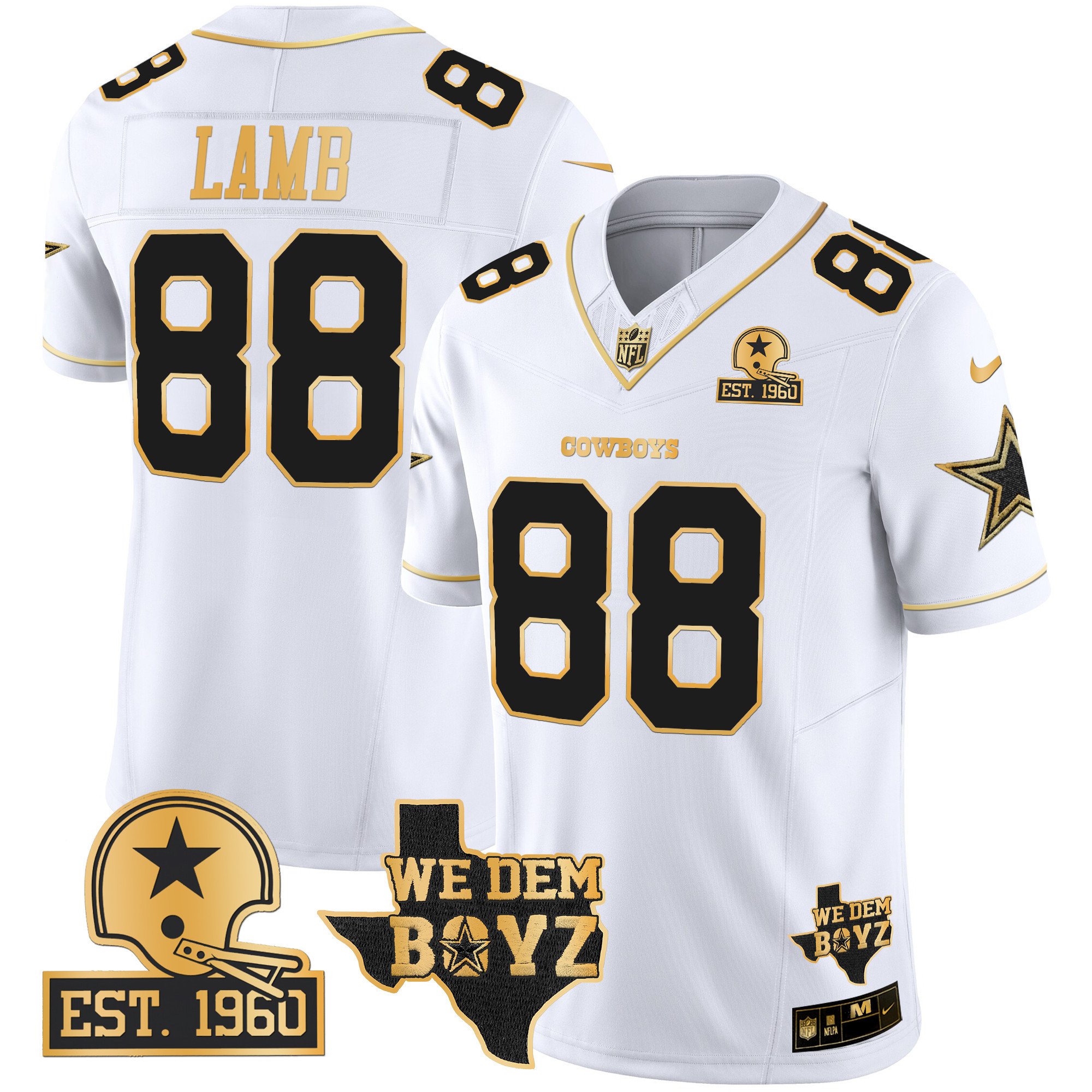 CeeDee Lamb Men's Dallas Cowboys Est. 1960 & We Dem Boyz Patch Gold Vapor Limited White Gold Jersey - All Stitched