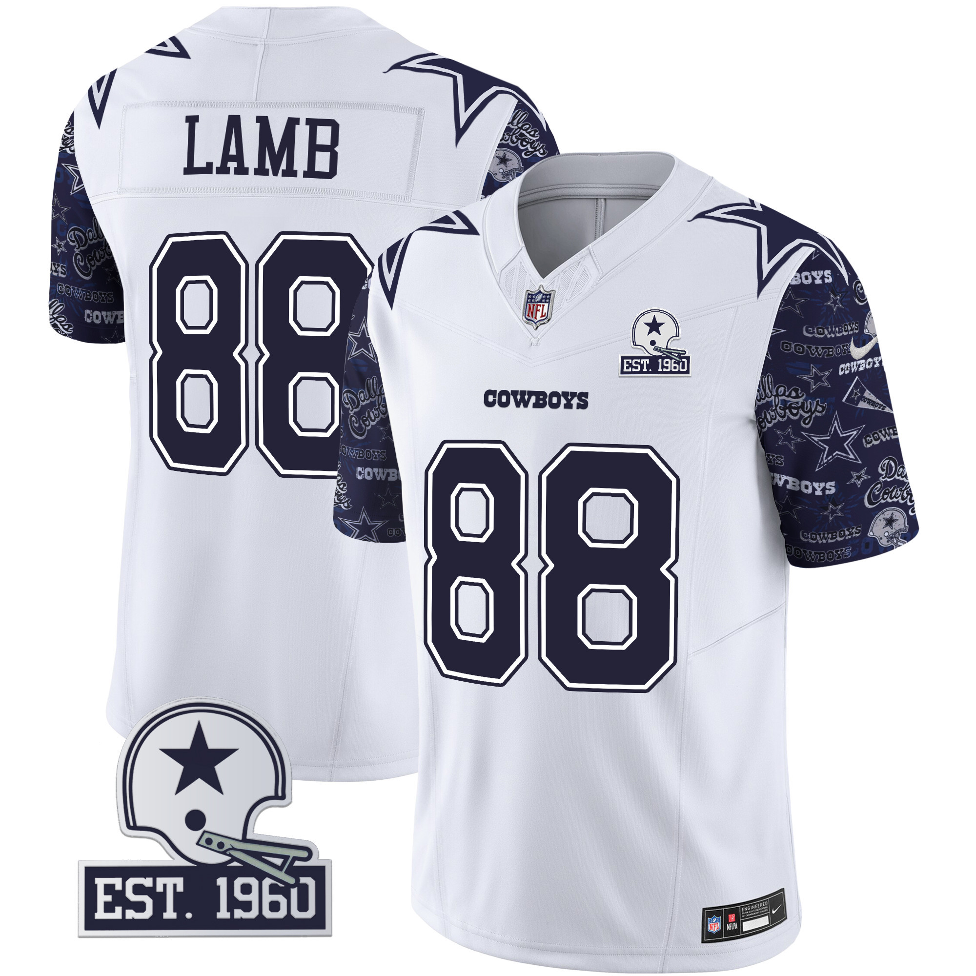 CeeDee Lamb Men's Dallas Cowboys Pattern Style Vapor Limited Navy Sleeves Jersey - All Stitched