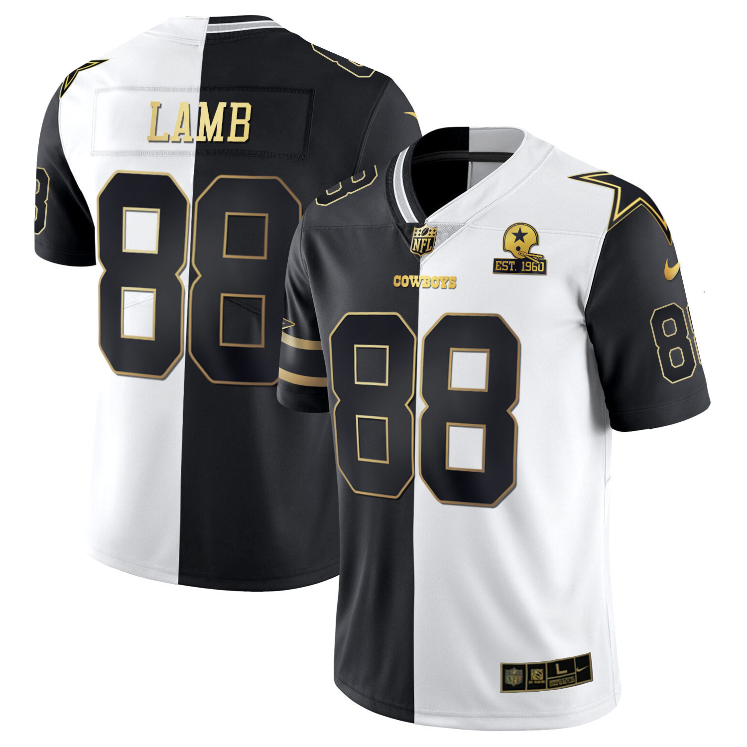 CeeDee Lamb Men's Dallas Cowboys Split Est 1960 Patch - All Stitched Black White Gold Jersey - All Stitched