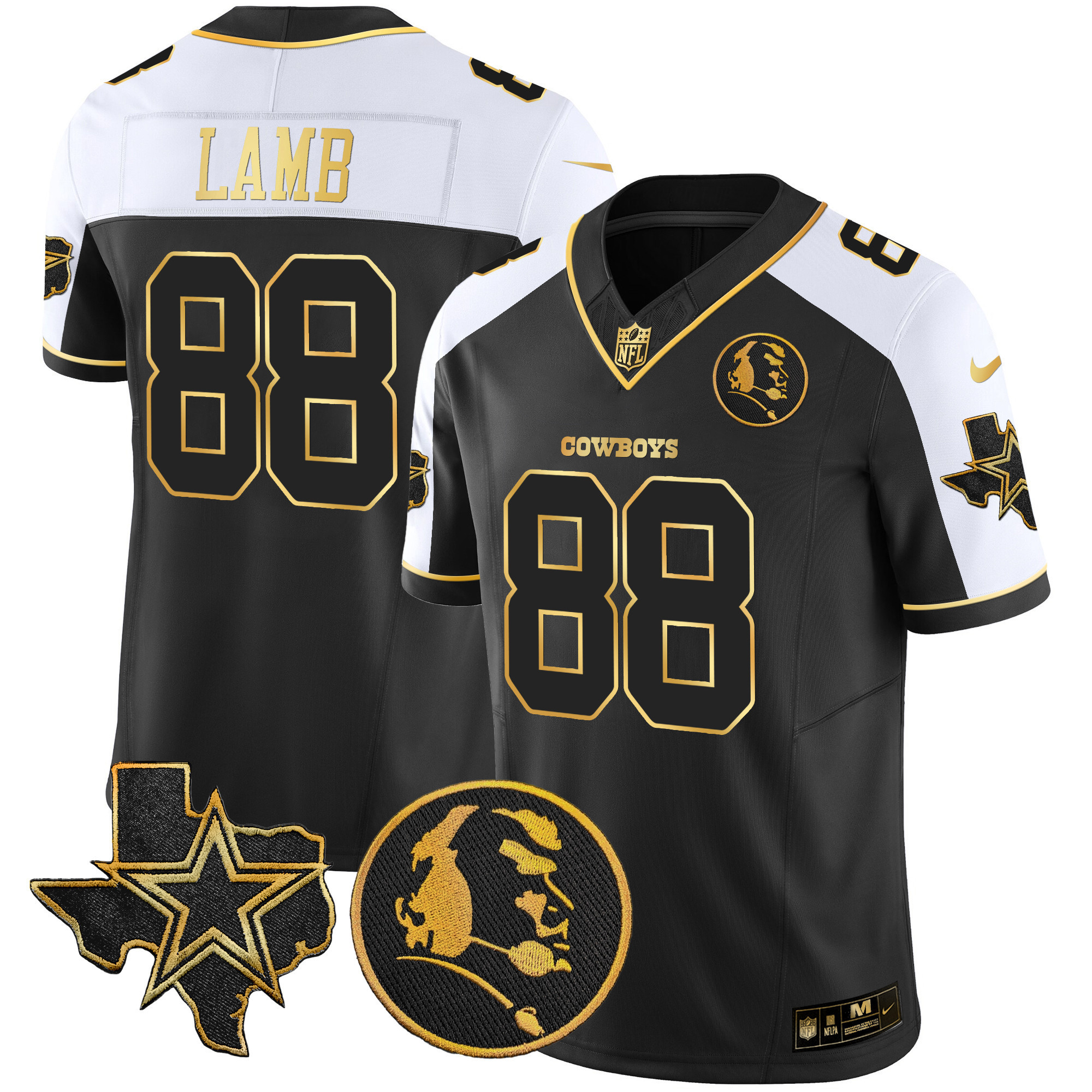 CeeDee Lamb Men's Dallas Cowboys Texas & John Madden Patch Gold Vapor Alternate Black Jersey - All Stitched