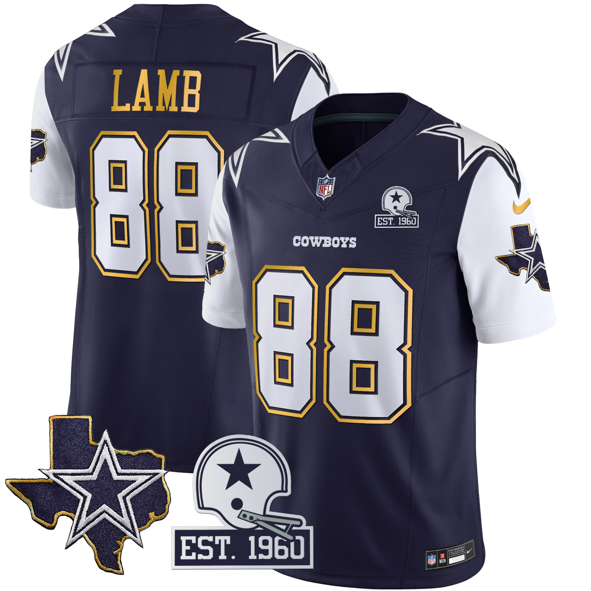 CeeDee Lamb Men's Dallas Cowboys Texas Patch Gold Trim Vapor Navy Jersey - All Stitched