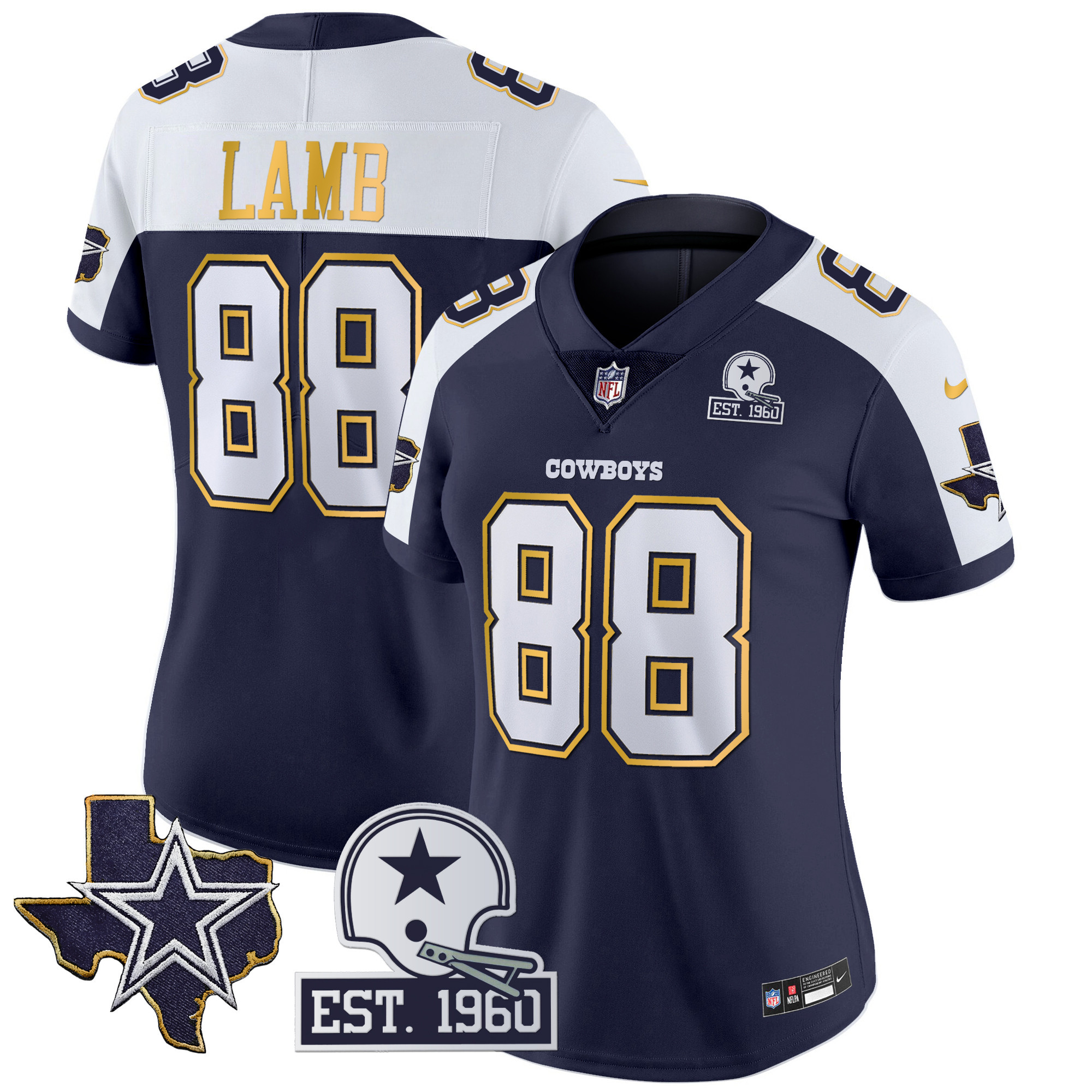 CeeDee Lamb Women's Dallas Cowboys Texas Patch Gold Trim Vapor Navy Alternate Jersey - All Stitched