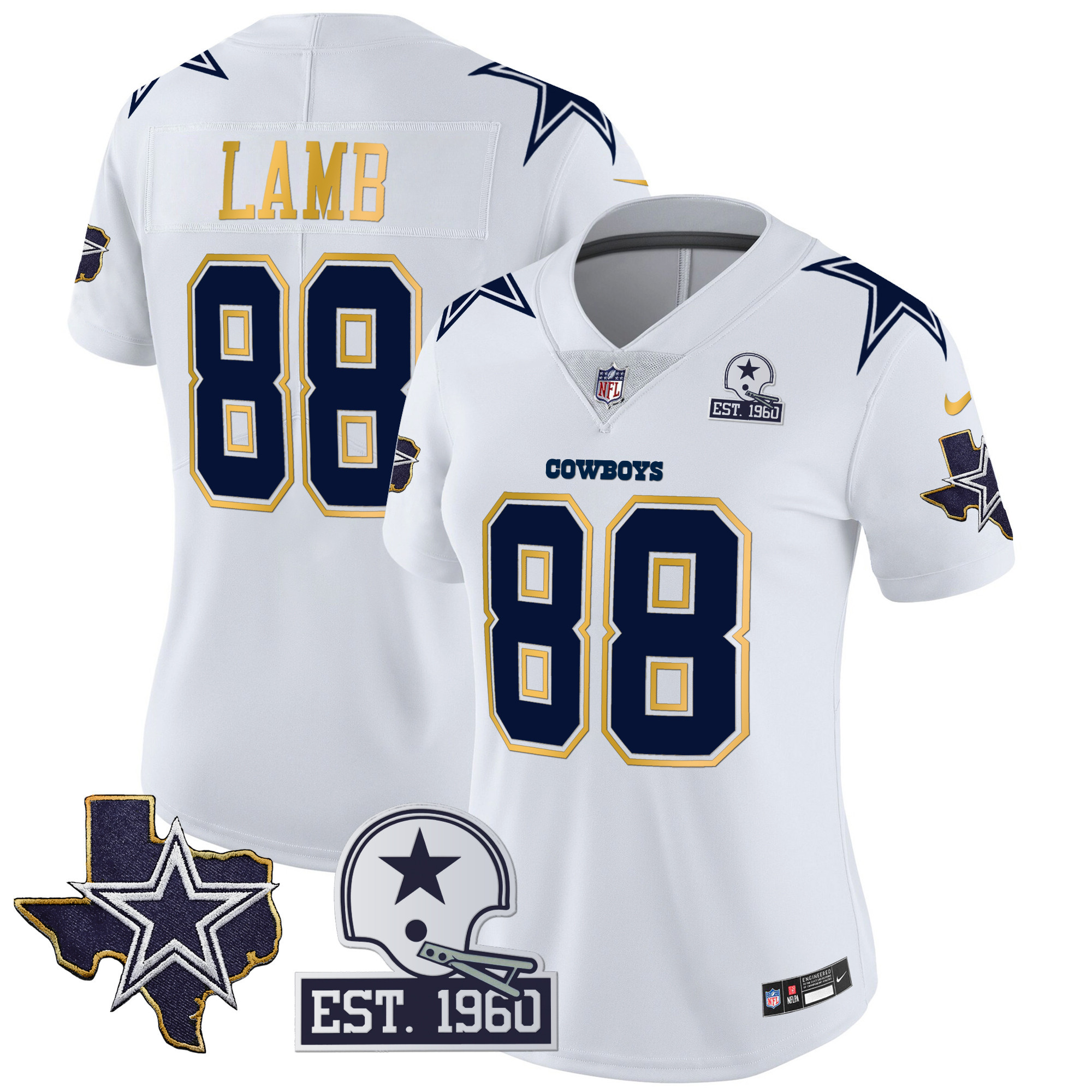 CeeDee Lamb Women's Dallas Cowboys Texas Patch Gold Trim Vapor White Jersey - All Stitched