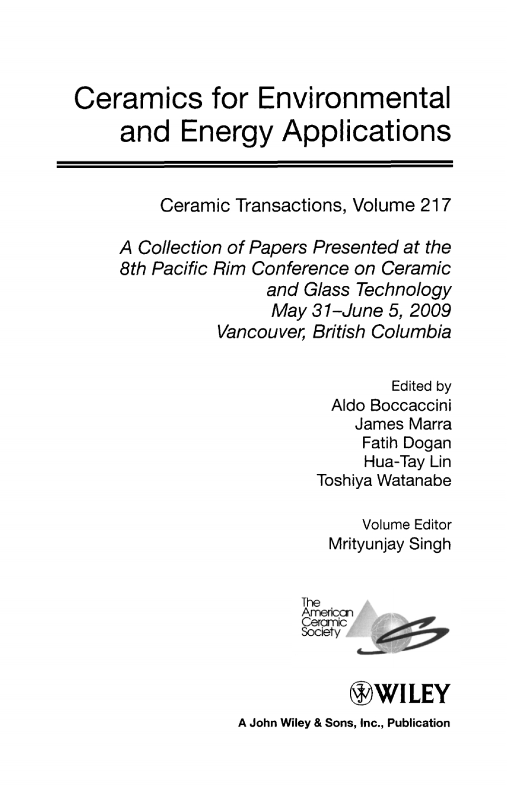 Ceramics for Environmental and Energy Applications Ceramic Transactions ...