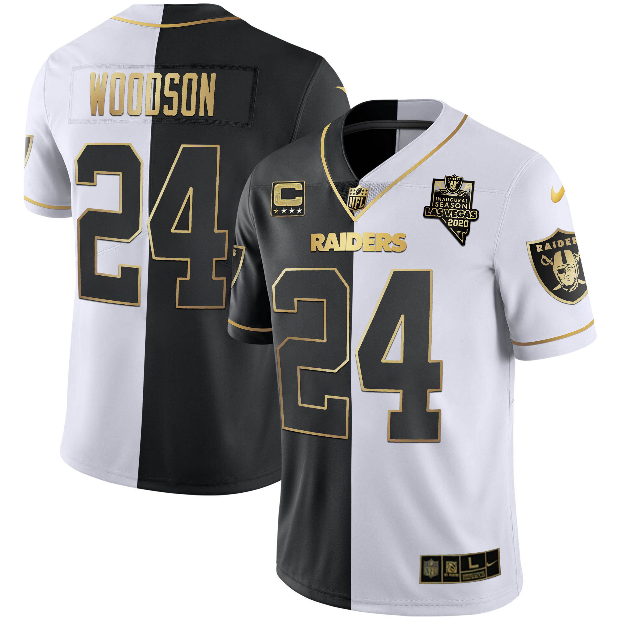 Charles Woodson Men's Las Vegas Raiders Inaugural Season Patch Gold & Split - All Stitched Split Gold Jersey - All Stitched