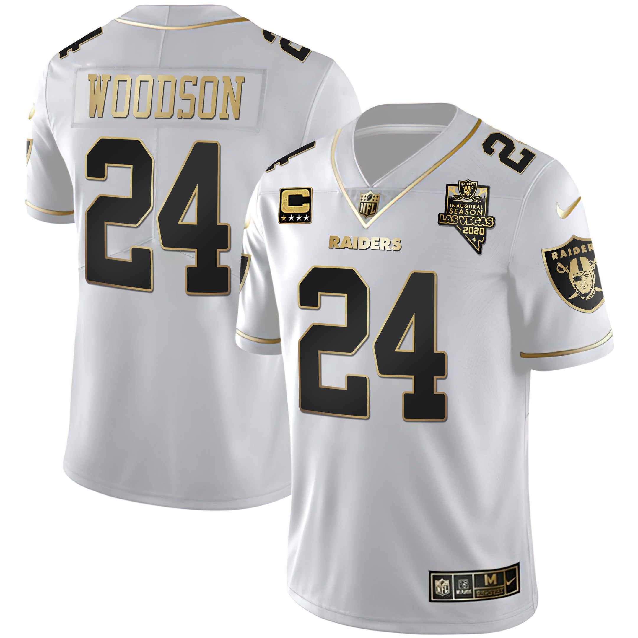 Charles Woodson Men's Las Vegas Raiders Inaugural Season Patch Gold & Split - All Stitched White Gold Jersey - All Stitched