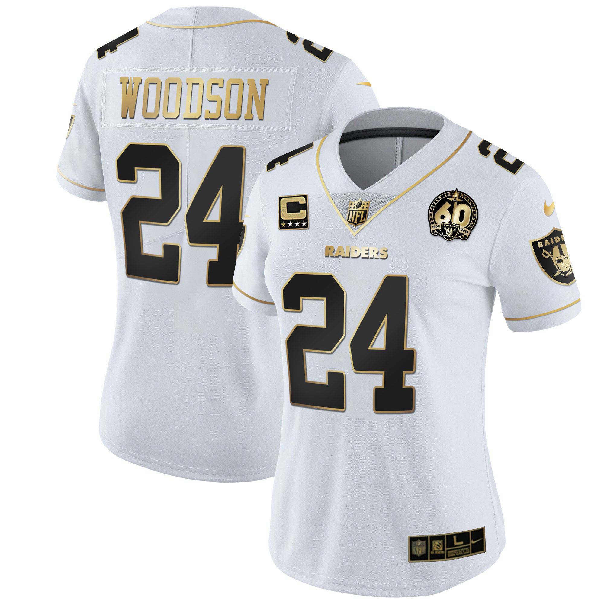 Charles Woodson Women's Las Vegas Raiders 60th Season Patch Gold & Split - All Stitched White Gold Jersey - All Stitched
