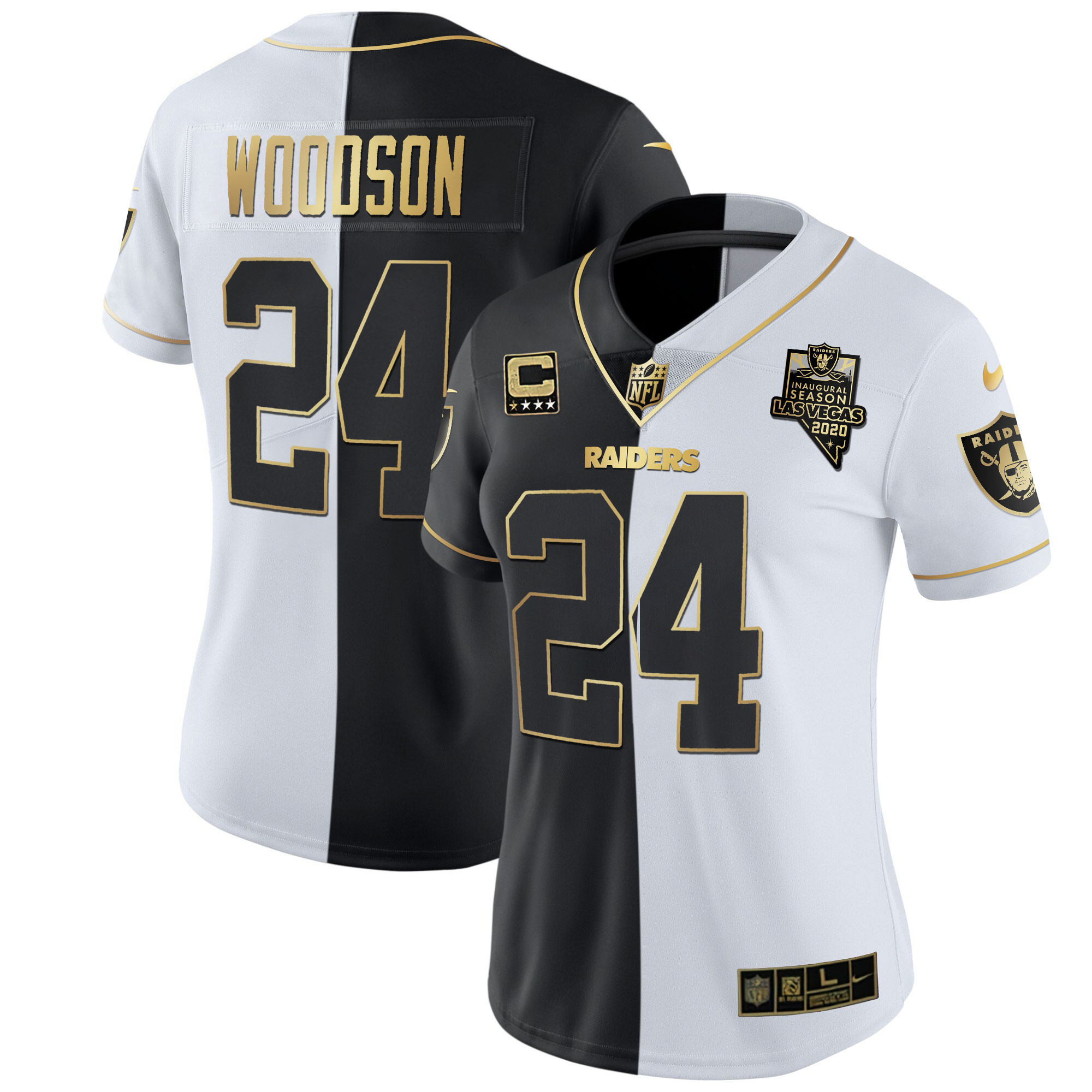 Charles Woodson Women's Las Vegas Raiders Inaugural Season Patch Gold & Split - All Stitched Split Gold Jersey - All Stitched