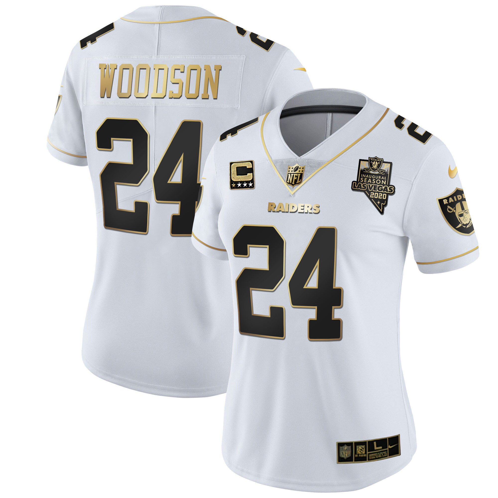 Charles Woodson Women's Las Vegas Raiders Inaugural Season Patch Gold & Split - All Stitched White Gold Jersey - All Stitched