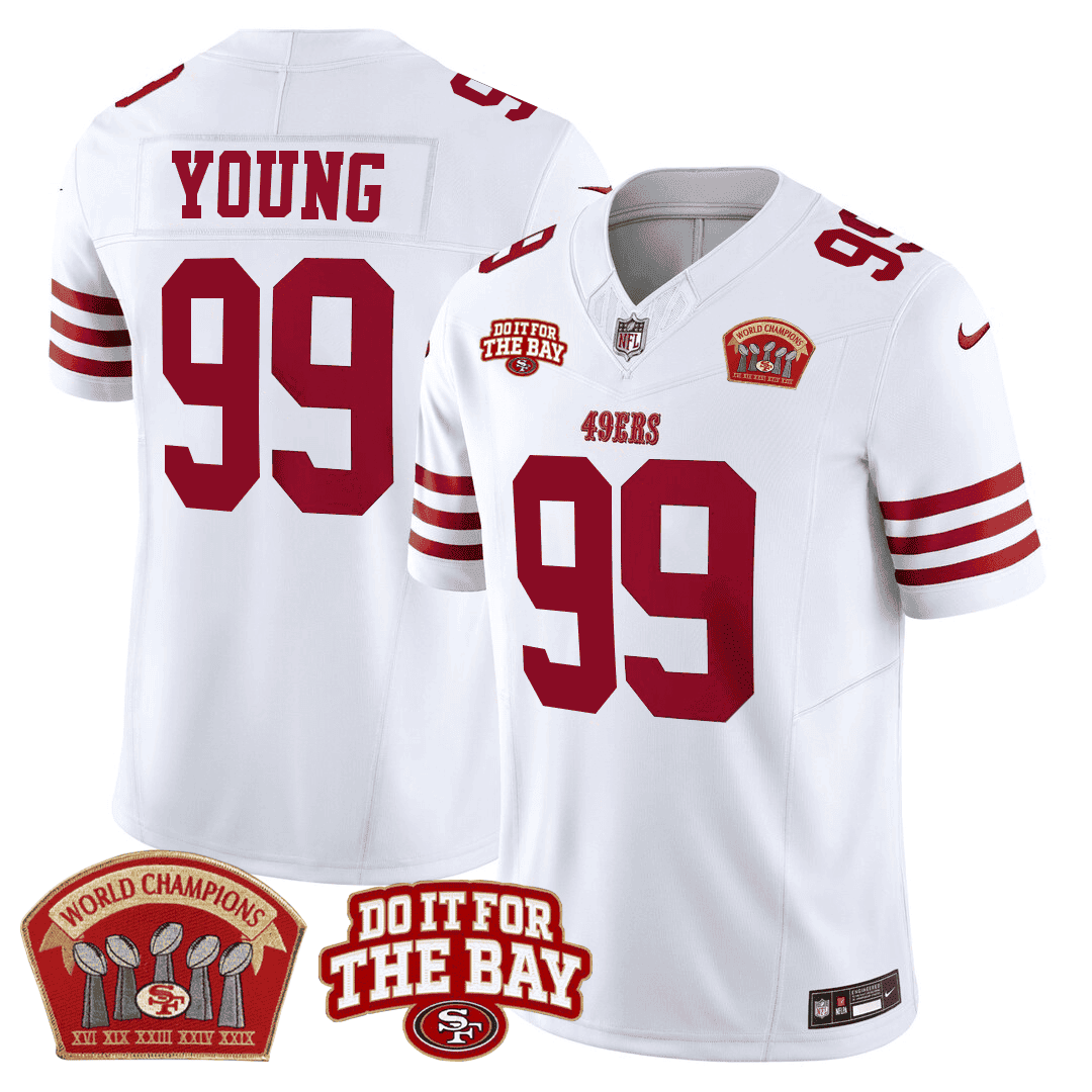 Chase Young San Francisco 49ers 5x World Champions & ÃƒÂ¢Ã¢â€šÂ¬Ã…â€œDo It For The BayÃƒÂ¢Ã¢â€šÂ¬Ã‚Â Patch Limited White Jersey - All Stitched