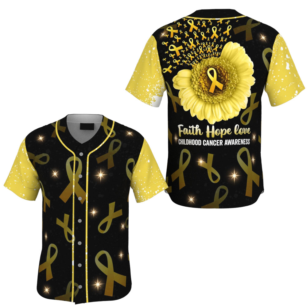 Childhood Cancer Sunflower Yellow Ribbon Baseball Jersey, Faith Hope Love 3D Shirt