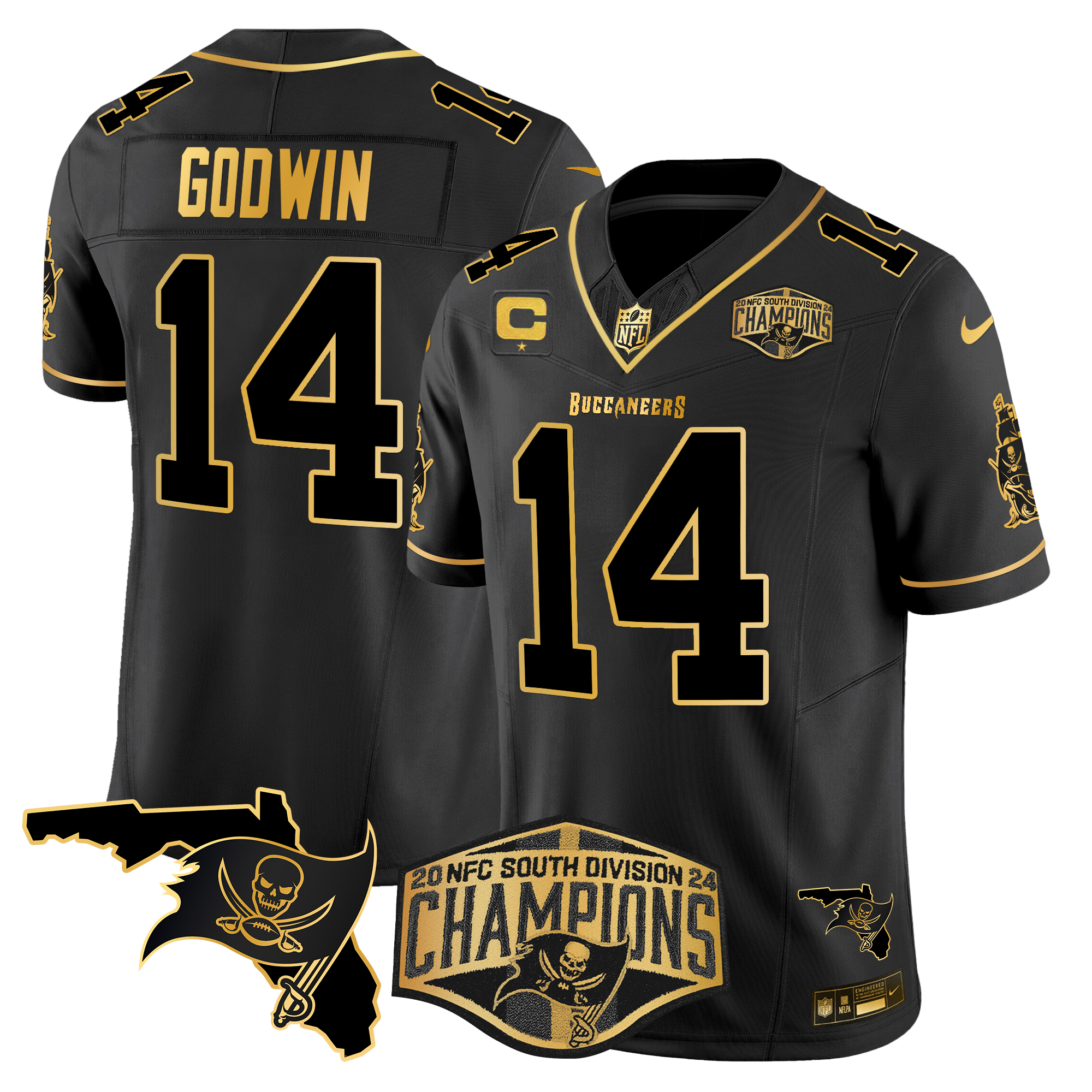 Chris Godwin Men's Tampa Bay Buccaneers 2024 NFC South Division Champions Patch Gold Vapor Limited Black Gold Jersey - All Stitched