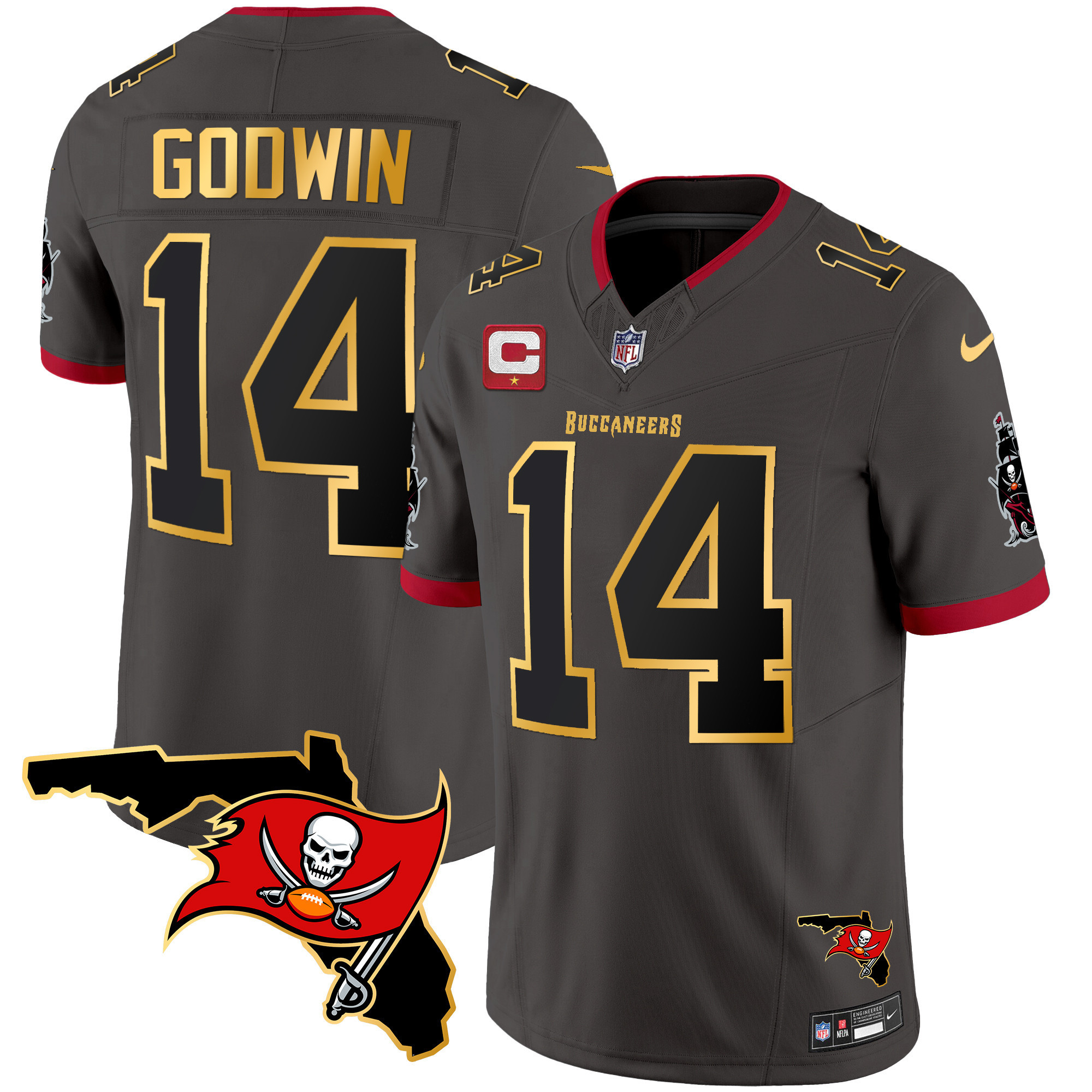 Chris Godwin Men's Tampa Bay Buccaneers Florida Patch Gold Trim Vapor Pewter Jersey - All Stitched