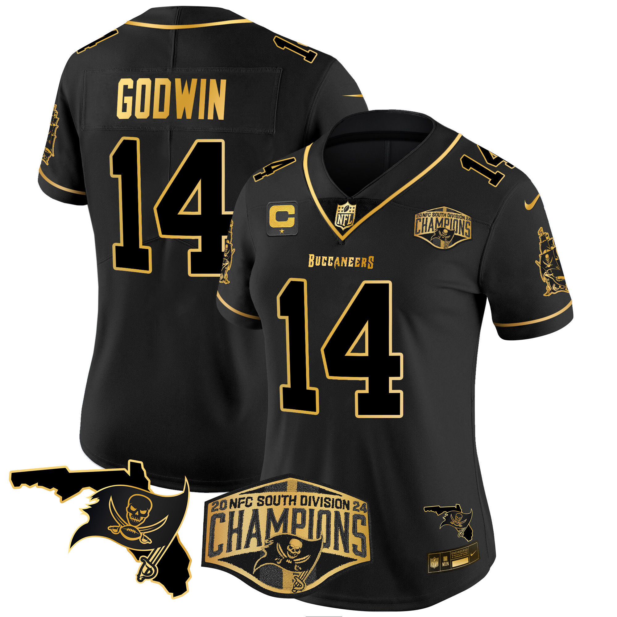 Chris Godwin Women's Tampa Bay Buccaneers 2024 NFC South Division Champions Patch Gold Vapor Limited Black Gold Jersey - All Stitched