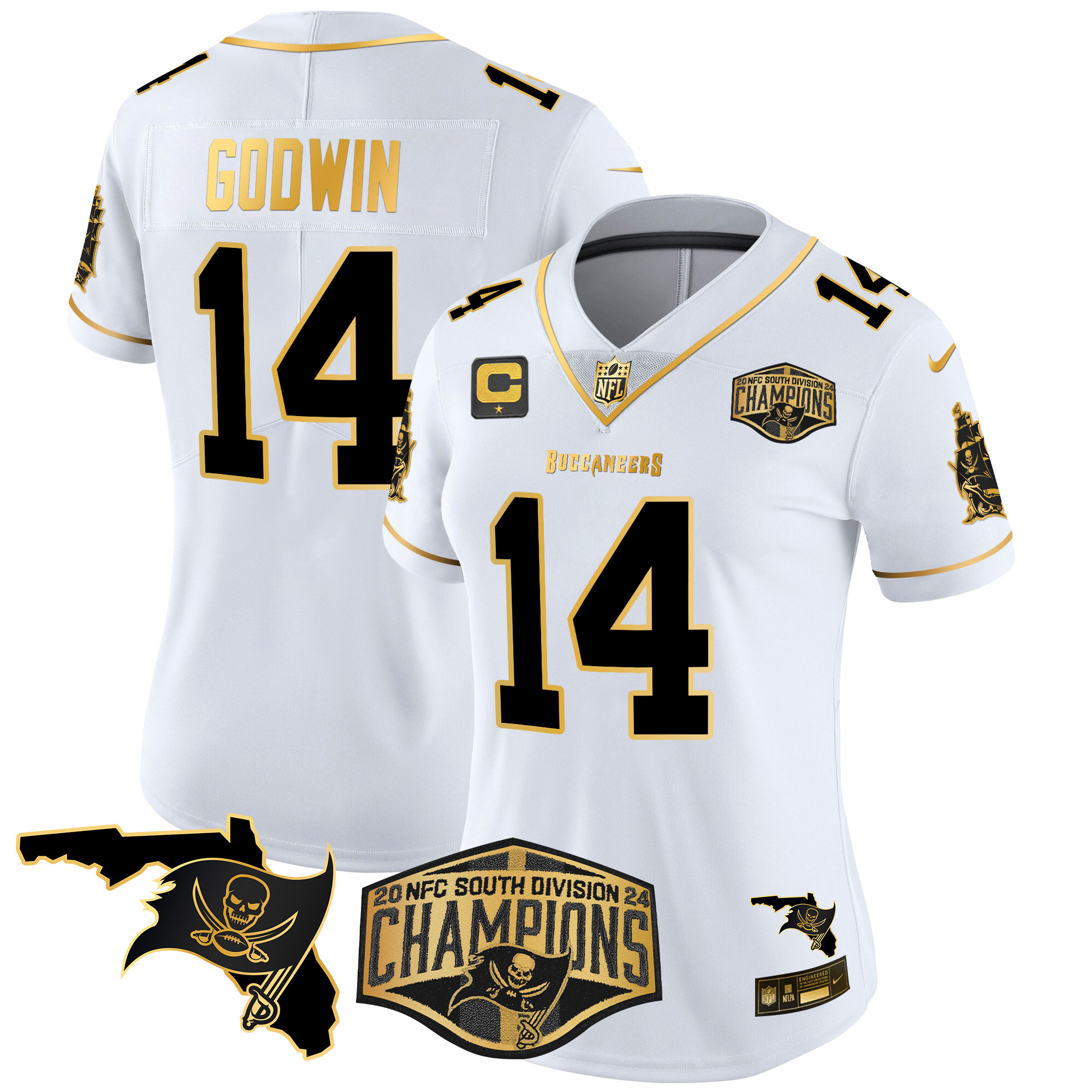 Chris Godwin Women's Tampa Bay Buccaneers 2024 NFC South Division Champions Patch Gold Vapor Limited White Gold Jersey - All Stitched