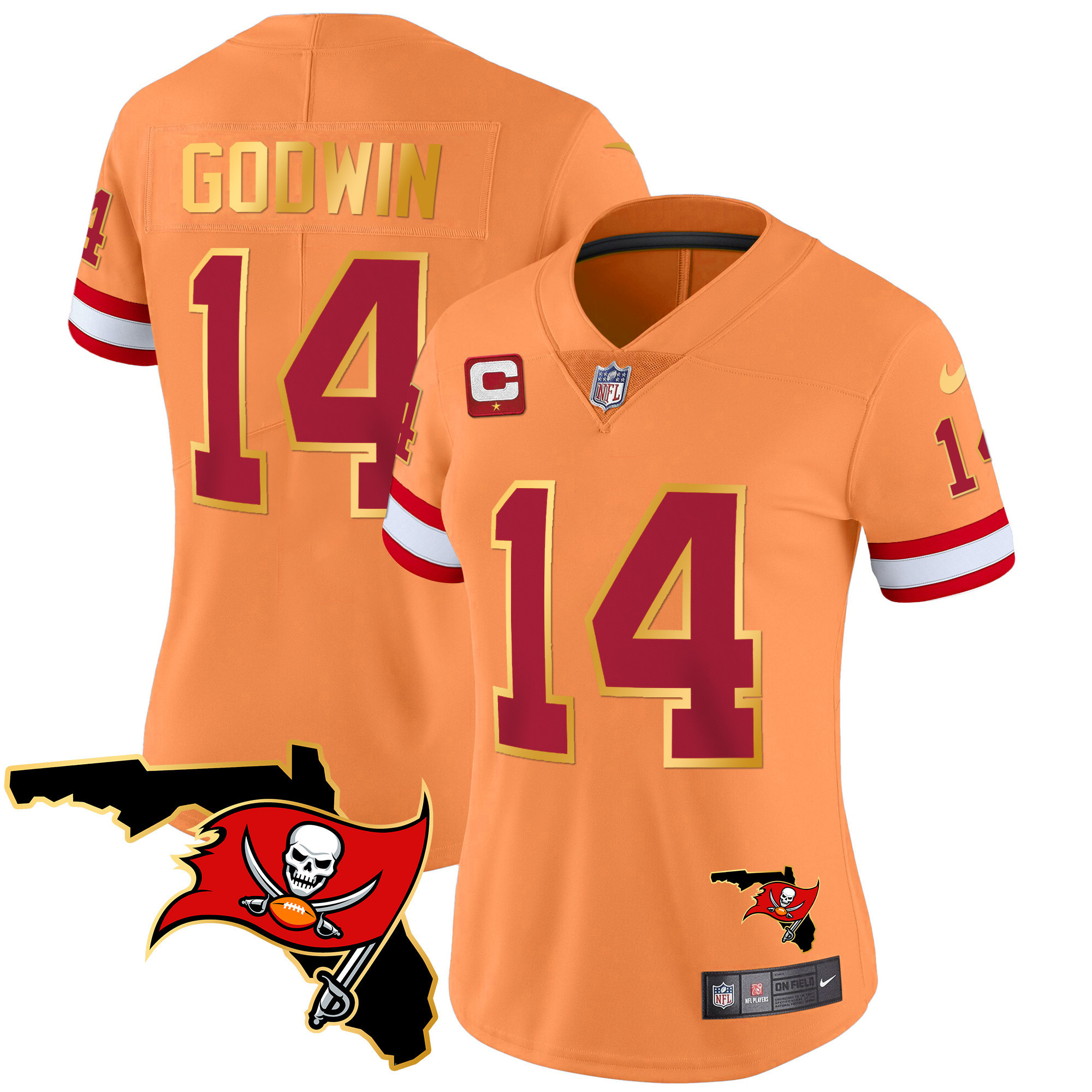 Chris Godwin Women's Tampa Bay Buccaneers Florida Patch Gold Trim Vapor Orange Jersey - All Stitched