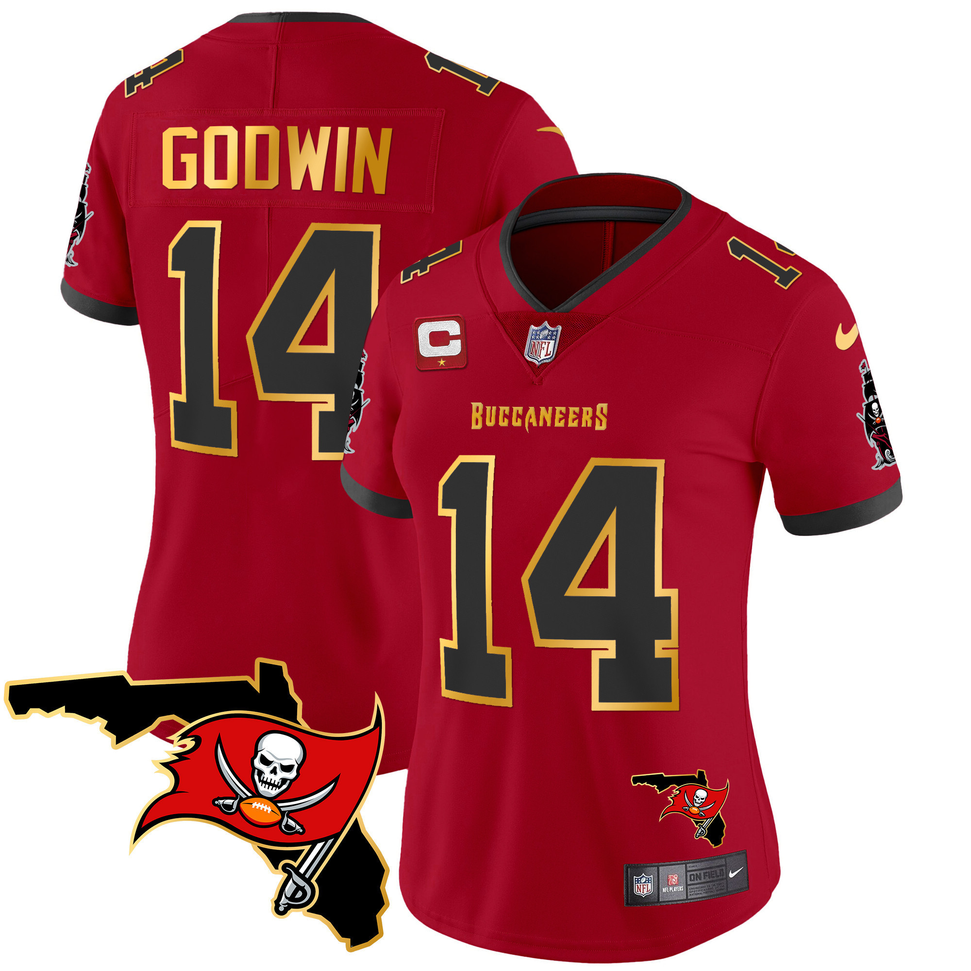 Chris Godwin Women's Tampa Bay Buccaneers Florida Patch Gold Trim Vapor Red Jersey - All Stitched