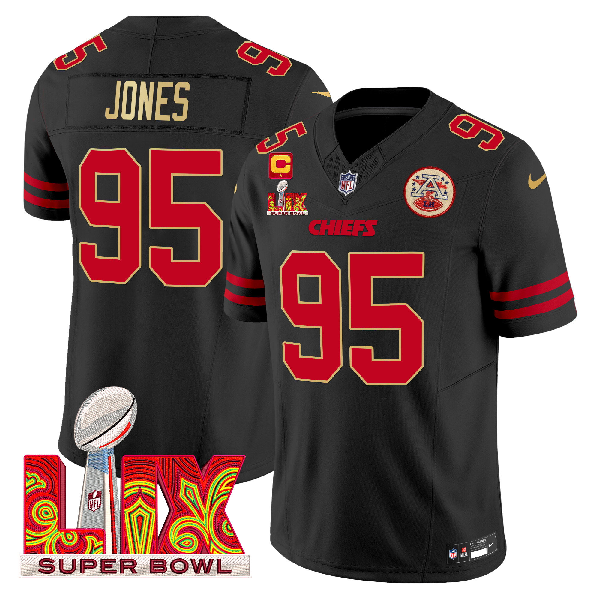 Chris Jones Men's Kansas City Chiefs Super Bowl LIX Patch Gold Trim Vapor Limited Black Jersey - All Stitched