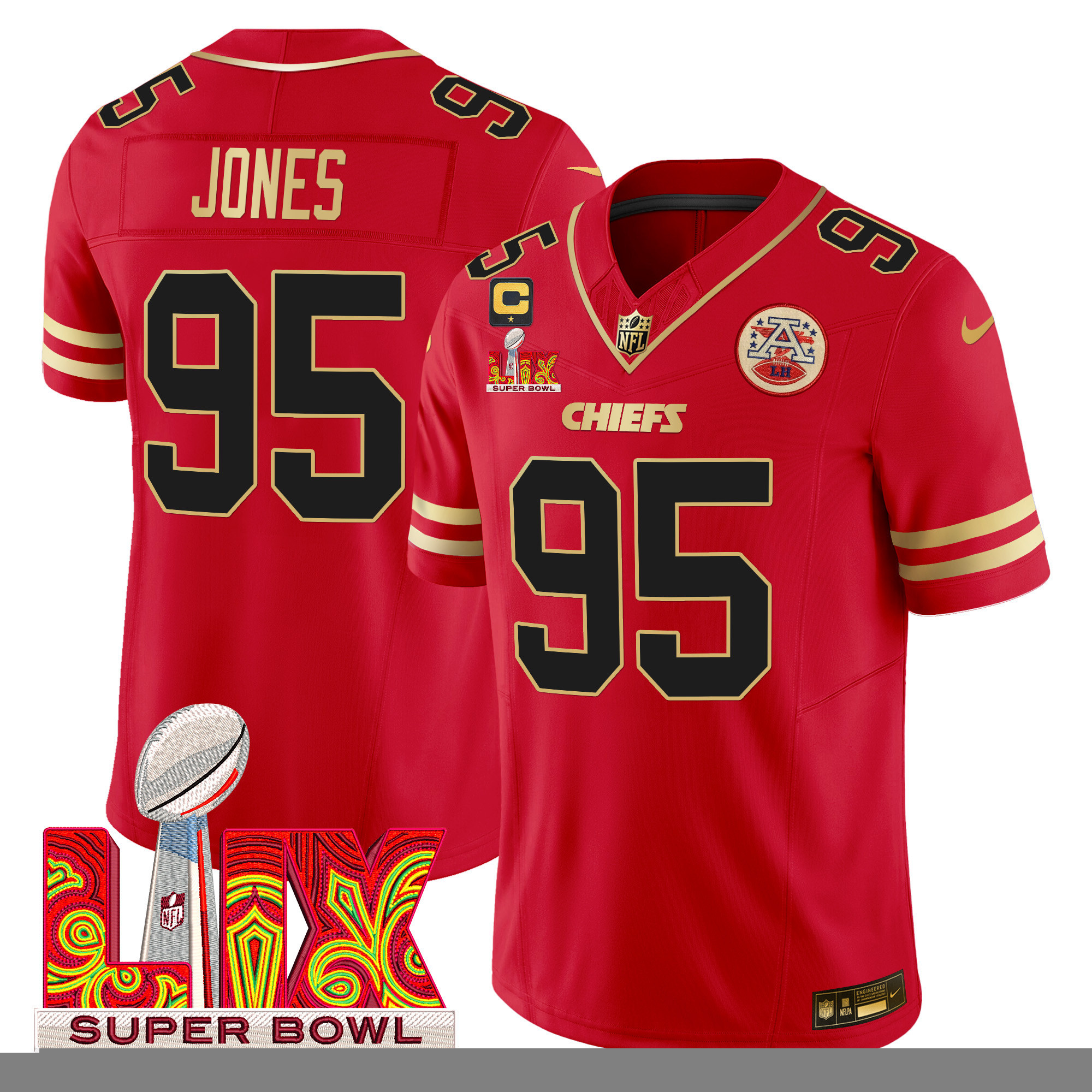 Chris Jones Men's Kansas City Chiefs Super Bowl LIX Patch Gold Trim Vapor Limited Red Jersey - All Stitched