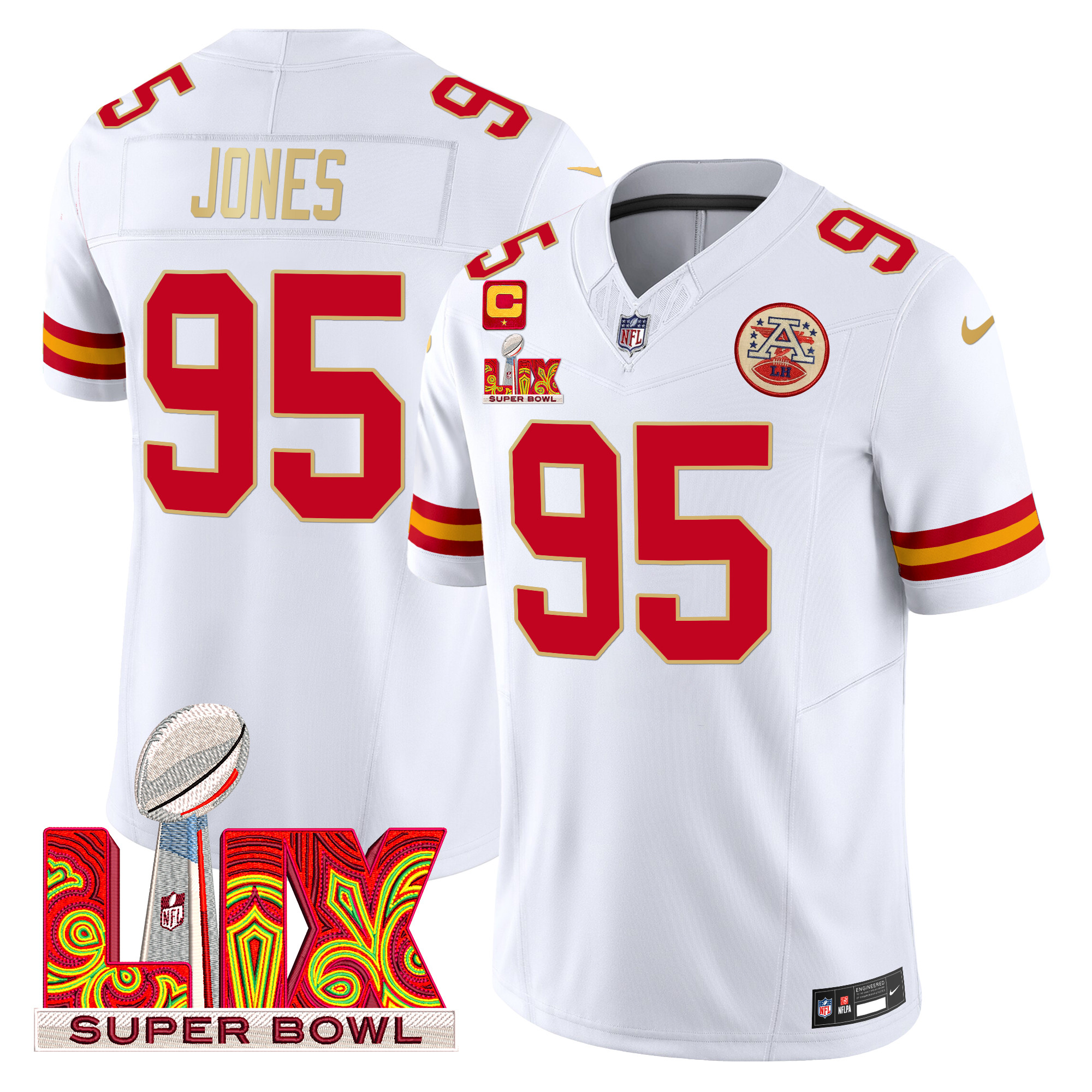 Chris Jones Men's Kansas City Chiefs Super Bowl LIX Patch Gold Trim Vapor Limited White Jersey - All Stitched