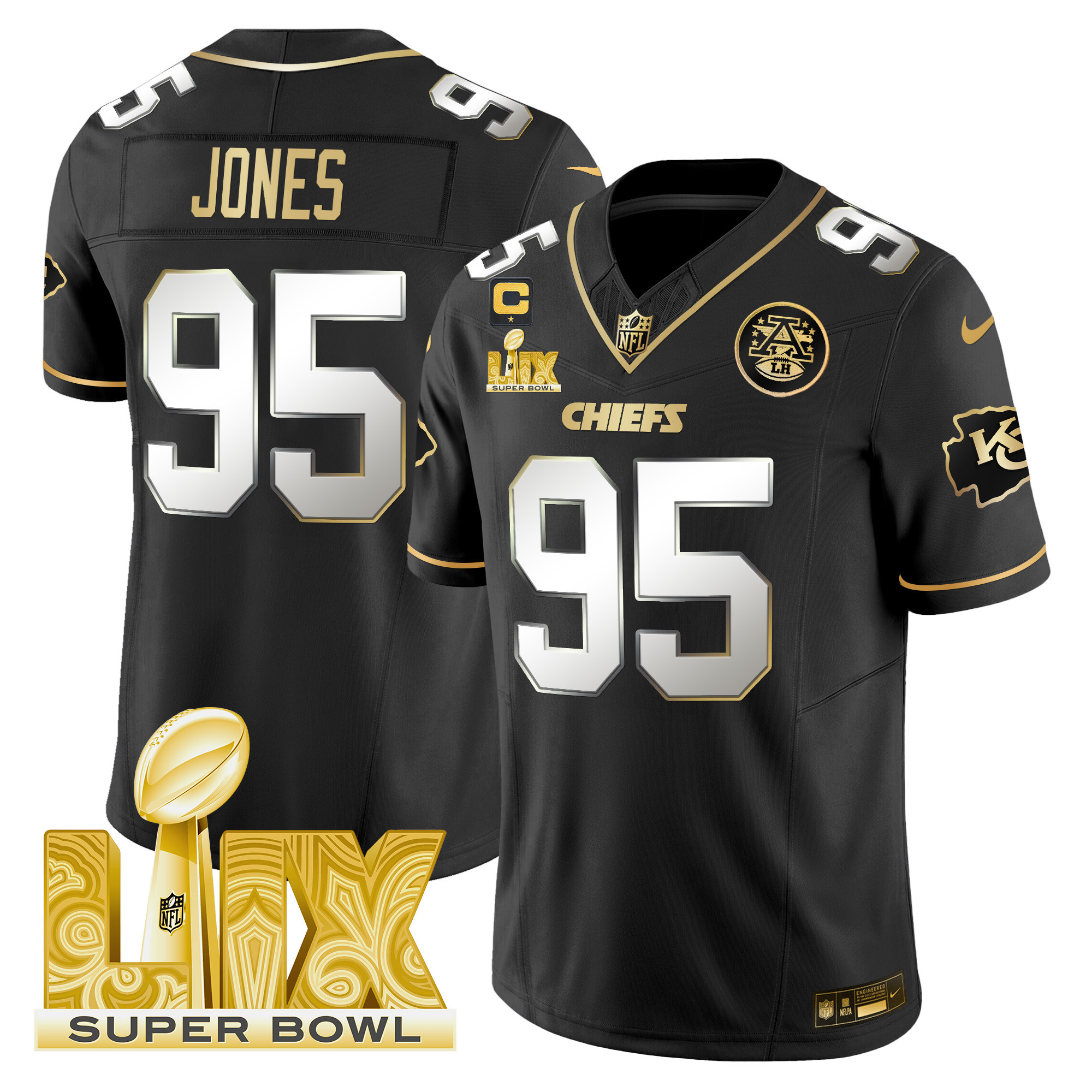 Chris Jones Men's Kansas City Chiefs Super Bowl LIX Patch Gold Vapor Limited Black Limited Jersey - All Stitched