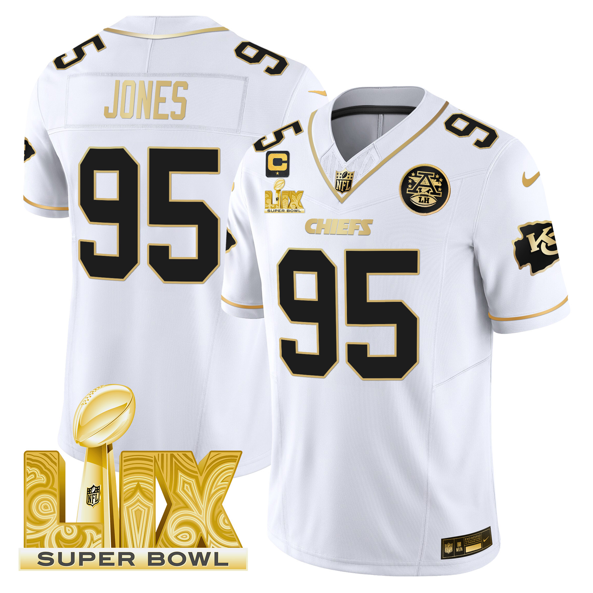 Chris Jones Men's Kansas City Chiefs Super Bowl LIX Patch Gold Vapor Limited White Gold Jersey - All Stitched