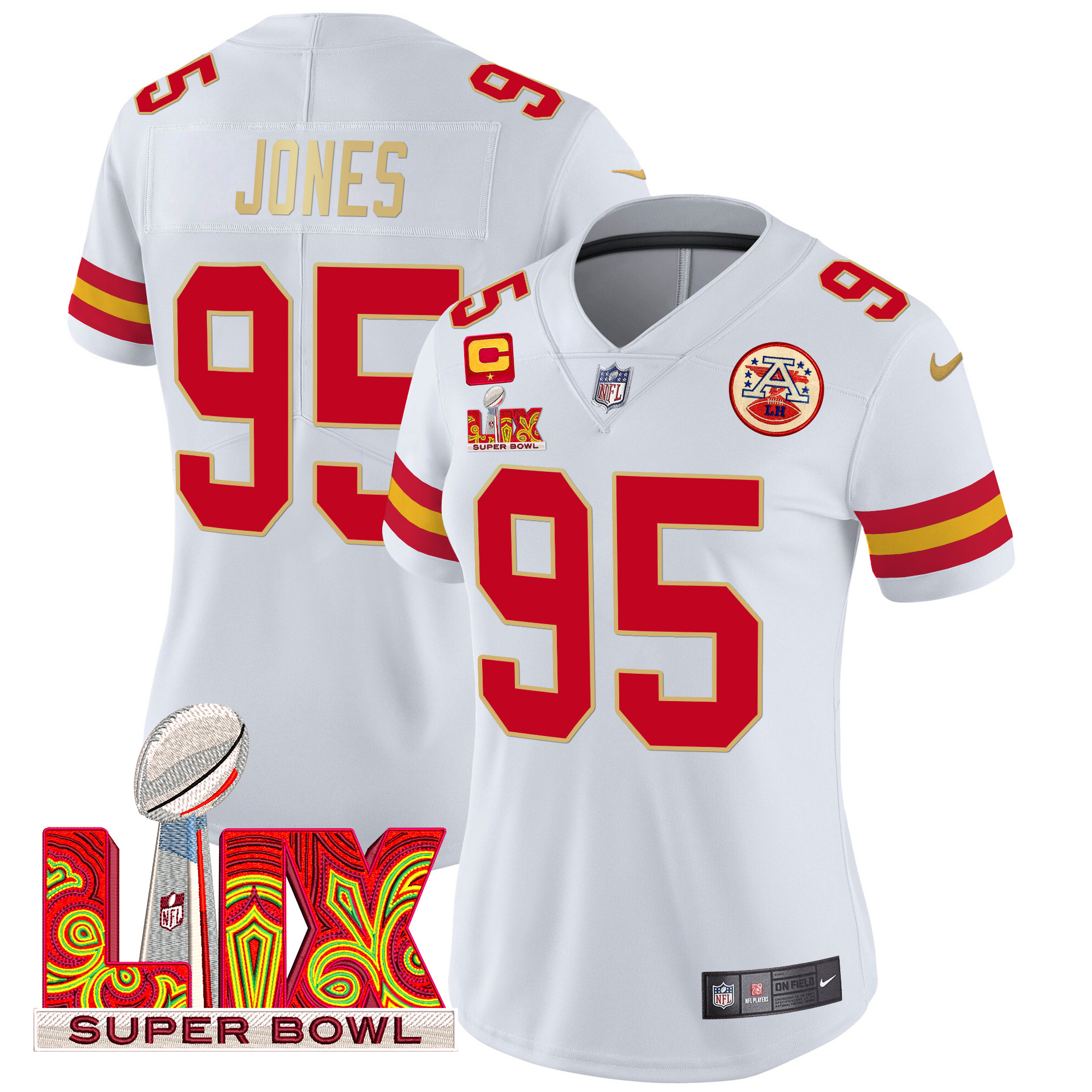Chris Jones Women's Kansas City Chiefs Super Bowl LIX Patch Gold Trim Vapor Limited White Jersey - All Stitched