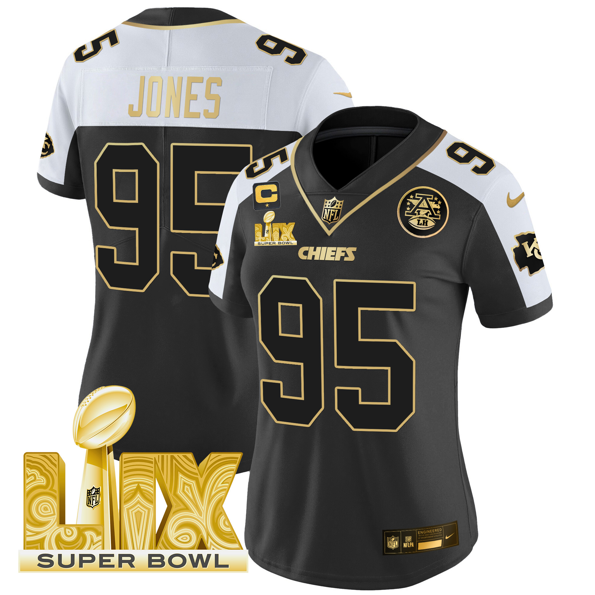 Chris Jones Women's Kansas City Chiefs Super Bowl LIX Patch Gold Vapor Limited Alternate Jersey - All Stitched