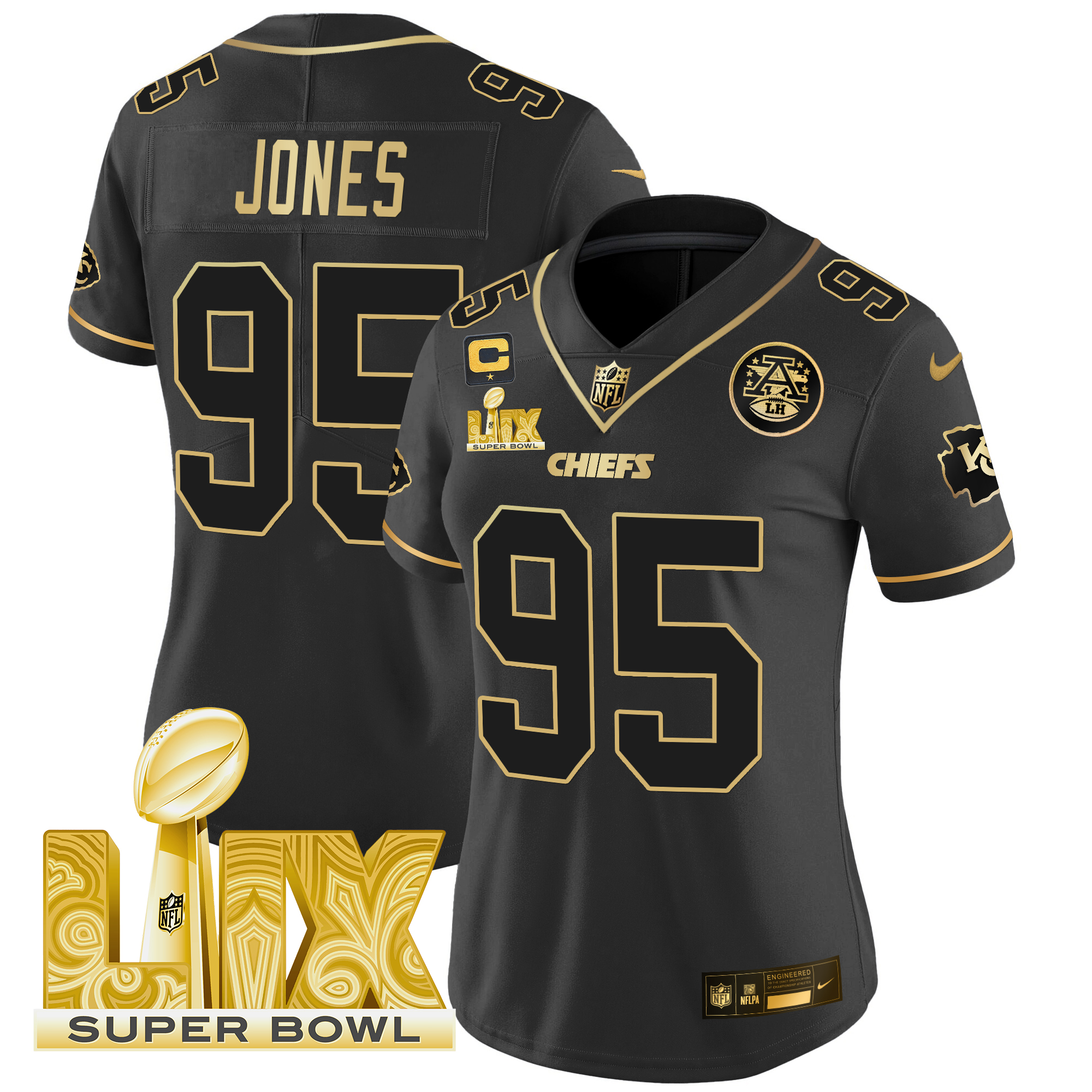 Chris Jones Women's Kansas City Chiefs Super Bowl LIX Patch Gold Vapor Limited Black Gold Jersey - All Stitched