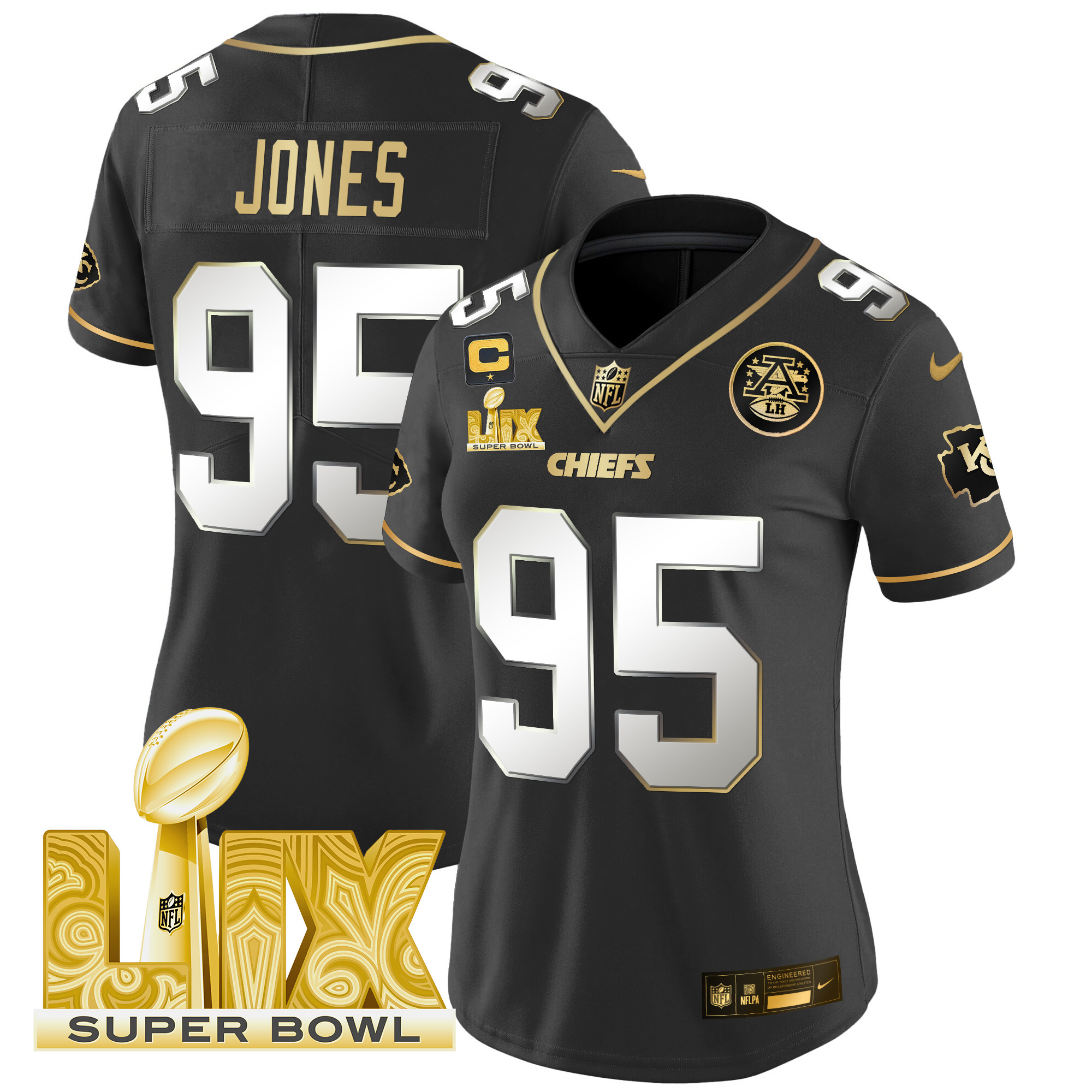Chris Jones Women's Kansas City Chiefs Super Bowl LIX Patch Gold Vapor Limited Black Limited Jersey - All Stitched