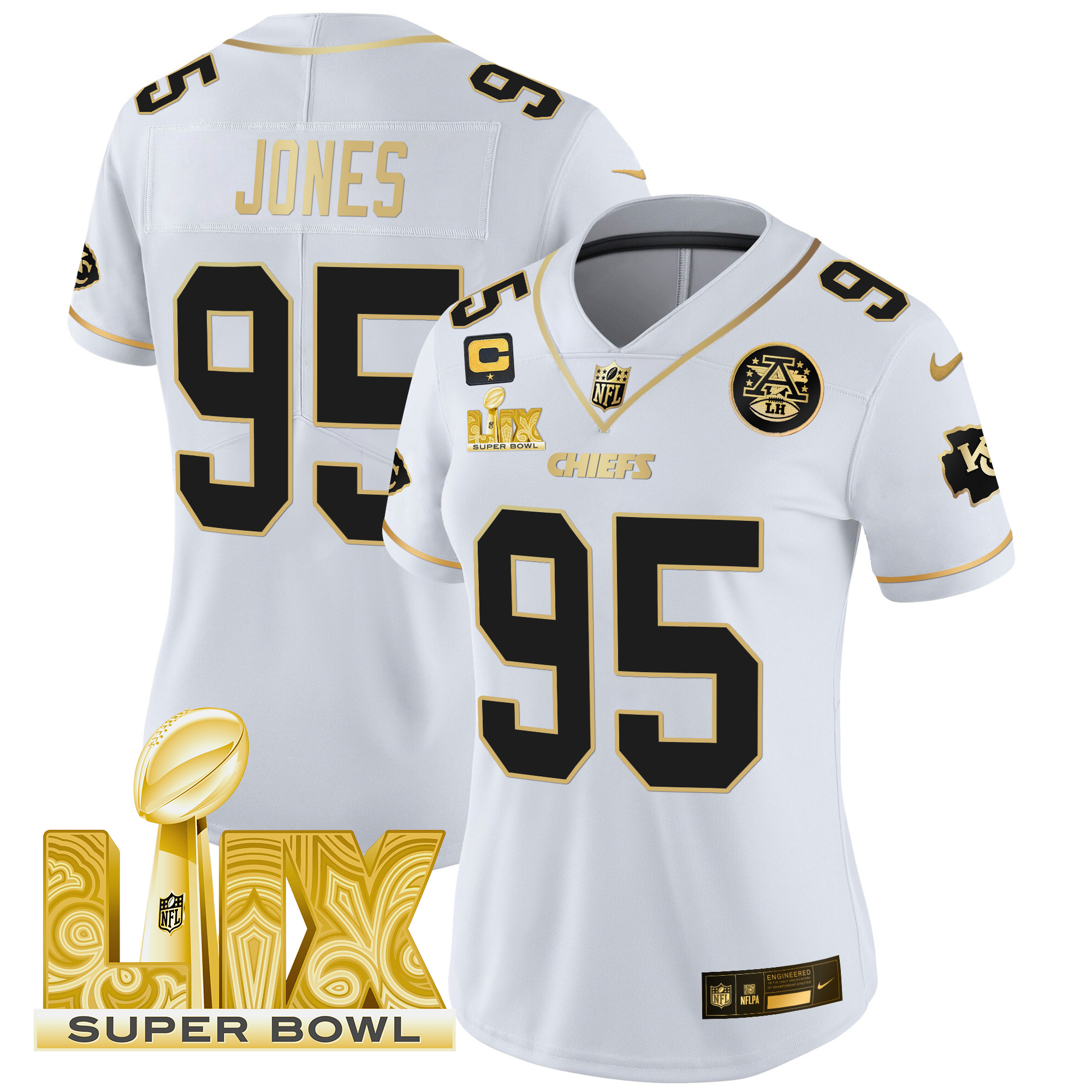 Chris Jones Women's Kansas City Chiefs Super Bowl LIX Patch Gold Vapor Limited White Gold Jersey - All Stitched