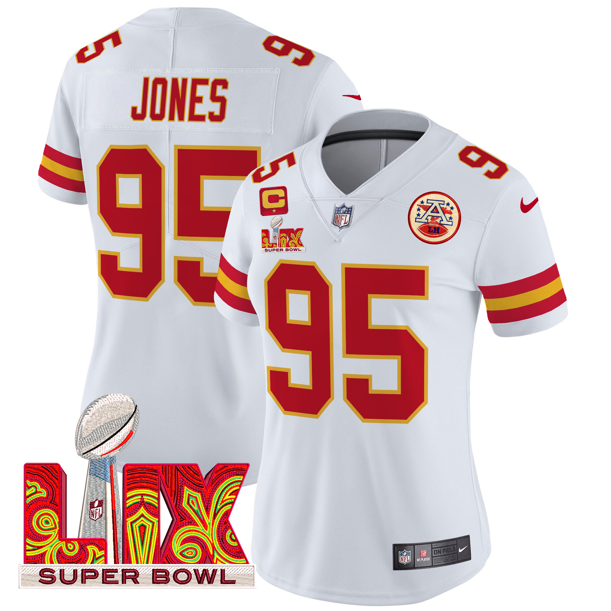Chris Jones Women's Kansas City Chiefs Super Bowl LIX Patch Vapor Limited White Jersey - All Stitched