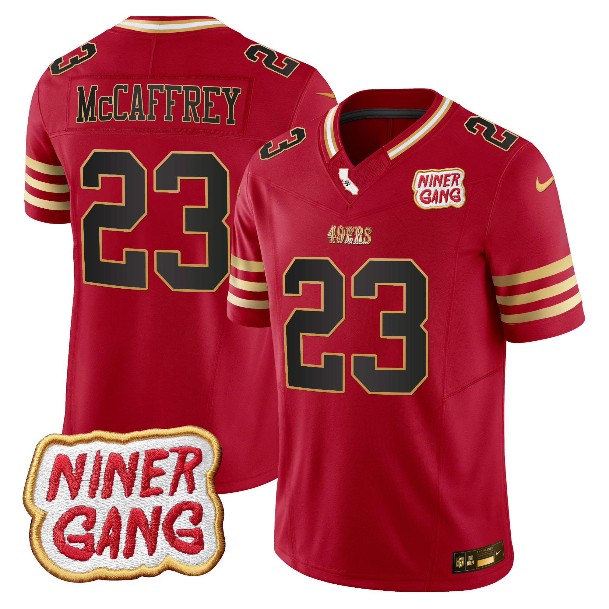 Christian McCaffrey Men's San Francisco 49ers 2024 Niner Gang Patch Vapor Black Scarlet Jersey - All Stitched