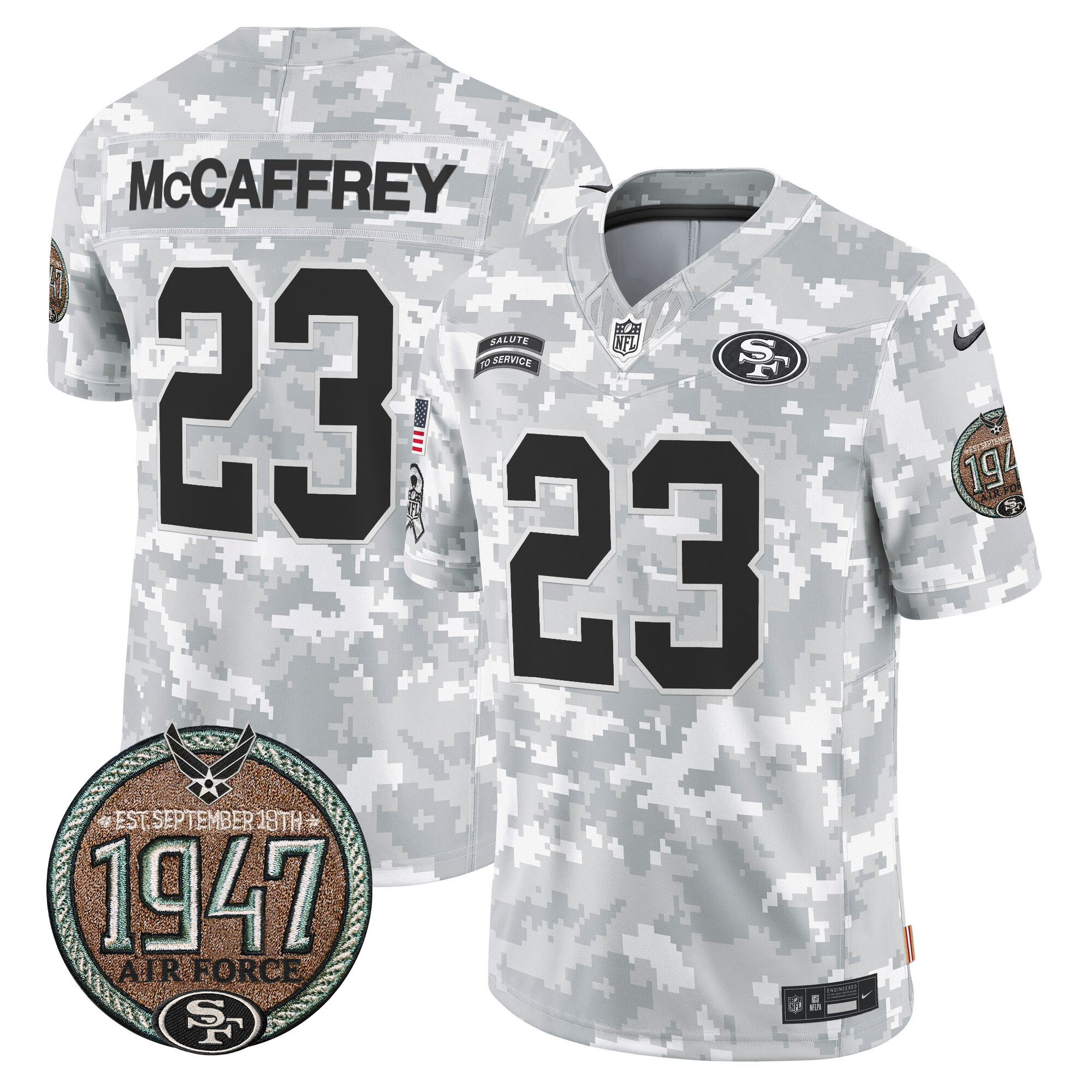 Christian McCaffrey Men's San Francisco 49ers 2024 Salute to Service Establishment Year Patch Vapor Limited Air Force Jersey - All Stitched